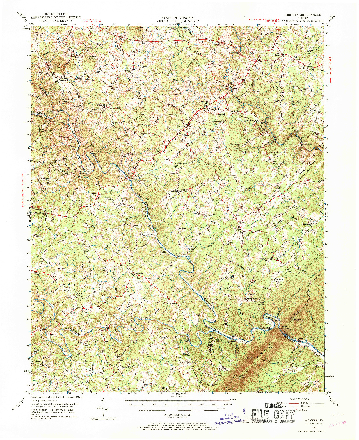 USGS 1:62500-SCALE QUADRANGLE FOR MONETA, VA 1951
