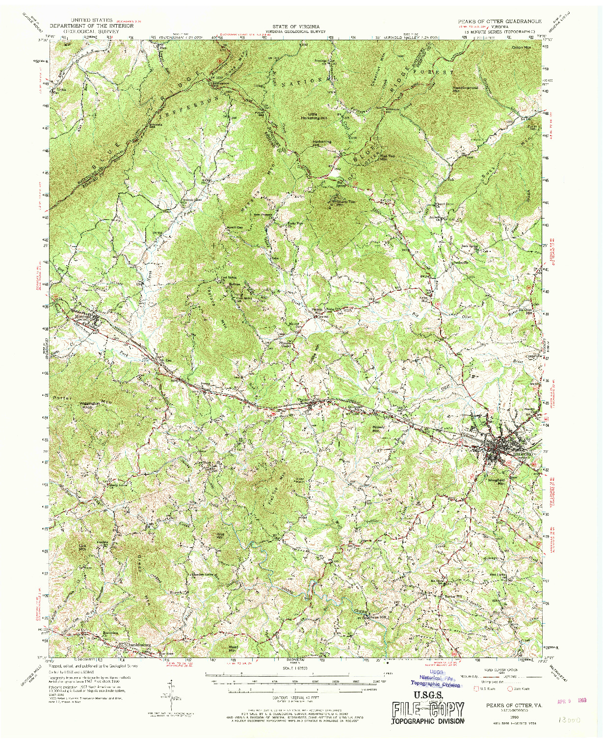 USGS 1:62500-SCALE QUADRANGLE FOR PEAKS OF OTTER, VA 1950