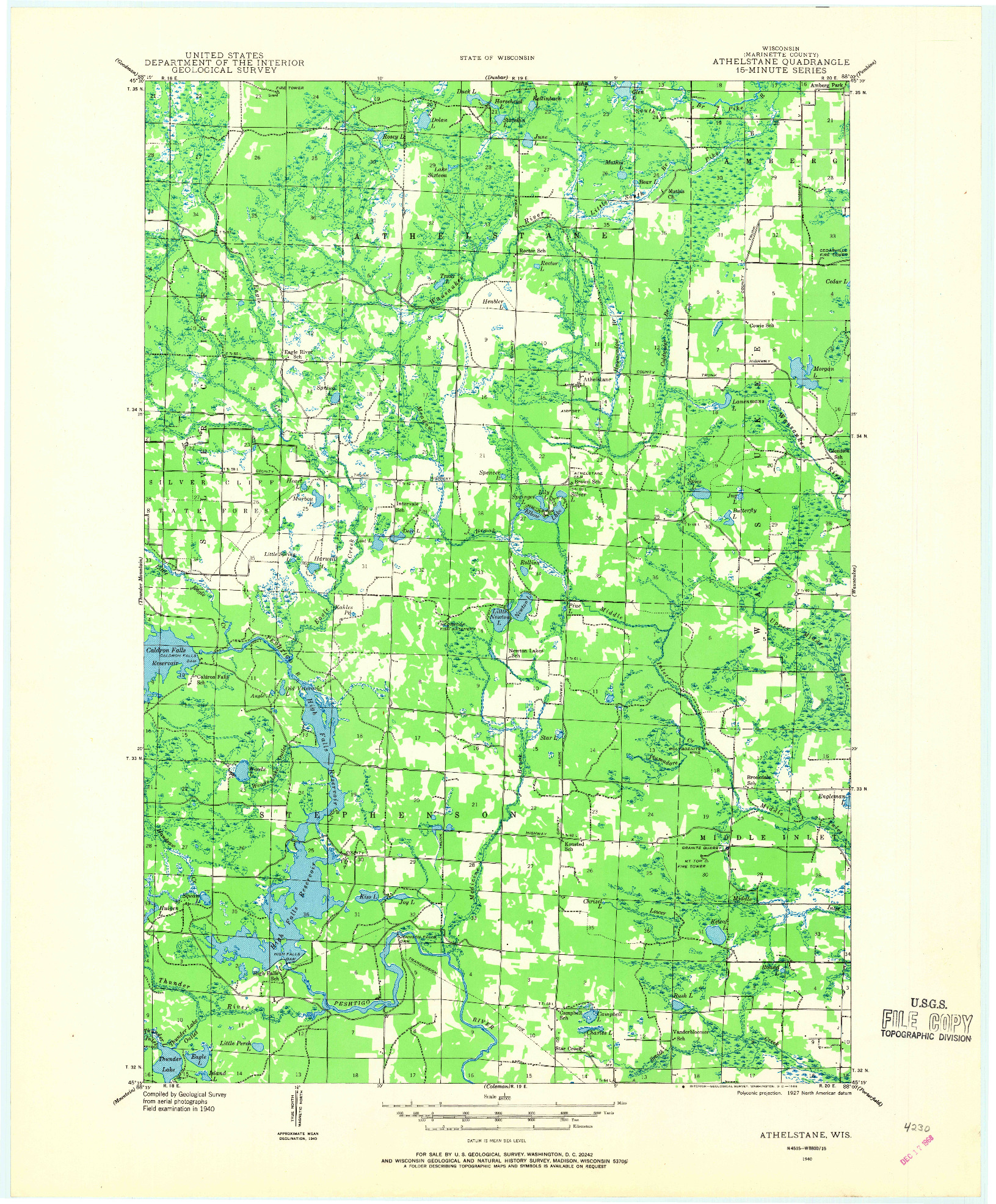 USGS 1:48000-SCALE QUADRANGLE FOR ATHELSTANE, WI 1940