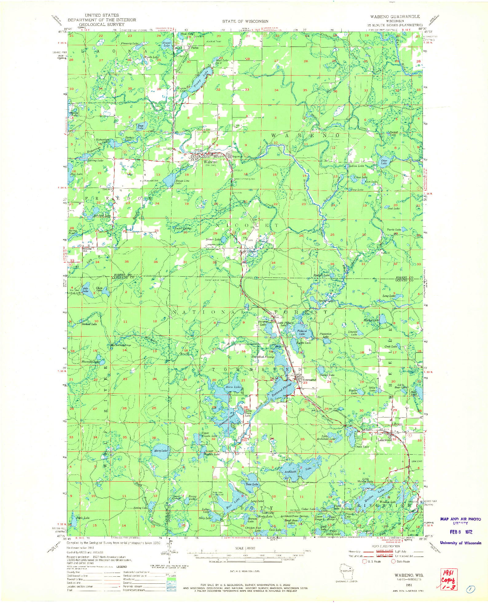USGS 1:48000-SCALE QUADRANGLE FOR WABENO, WI 1951