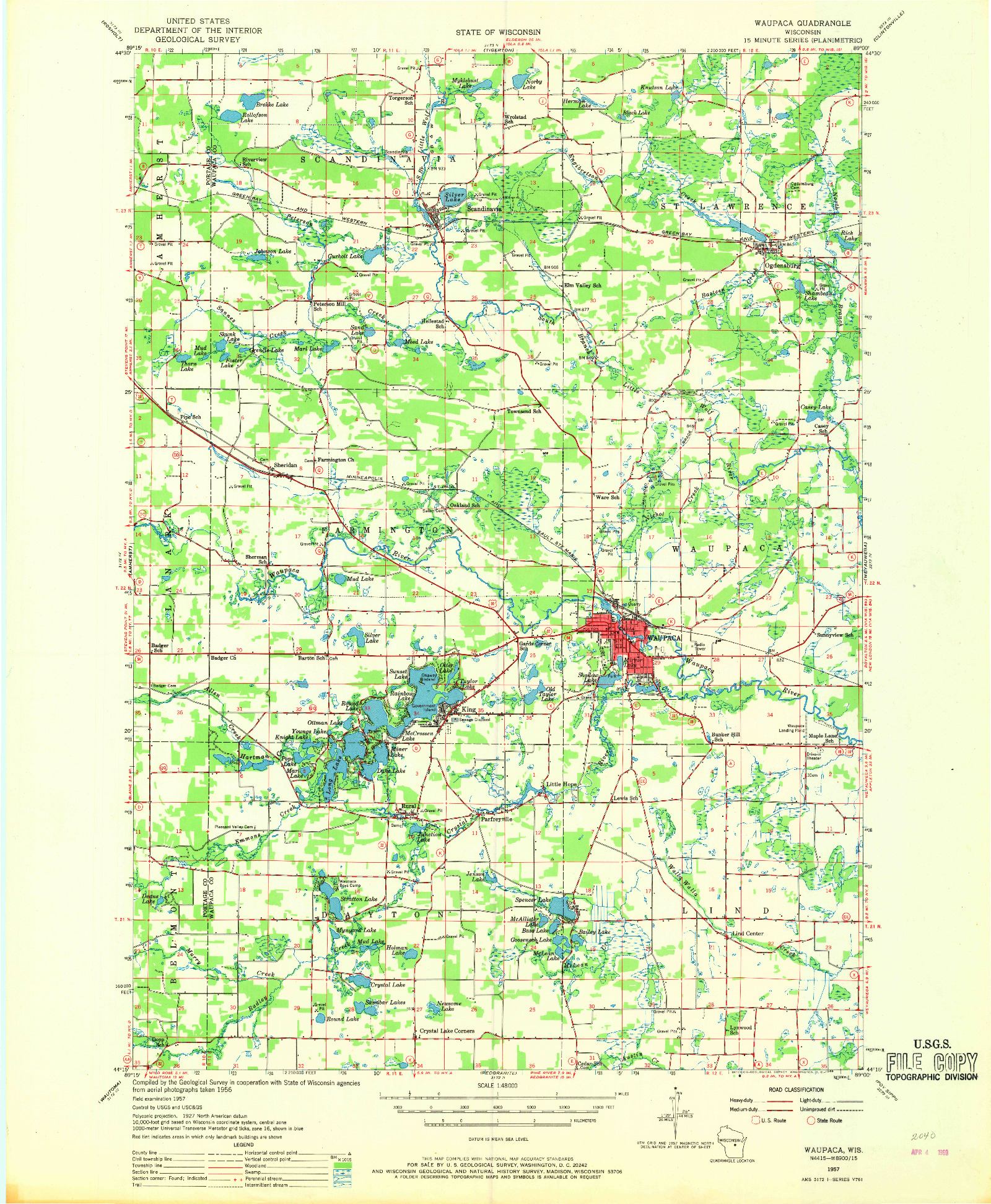 USGS 1:48000-SCALE QUADRANGLE FOR WAUPACA, WI 1957