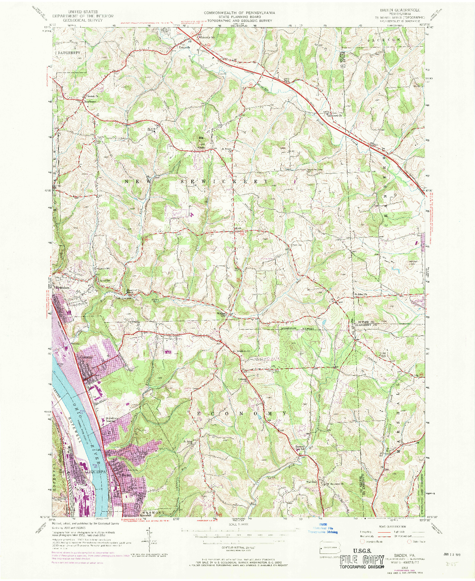 USGS 1:24000-SCALE QUADRANGLE FOR BADEN, PA 1953