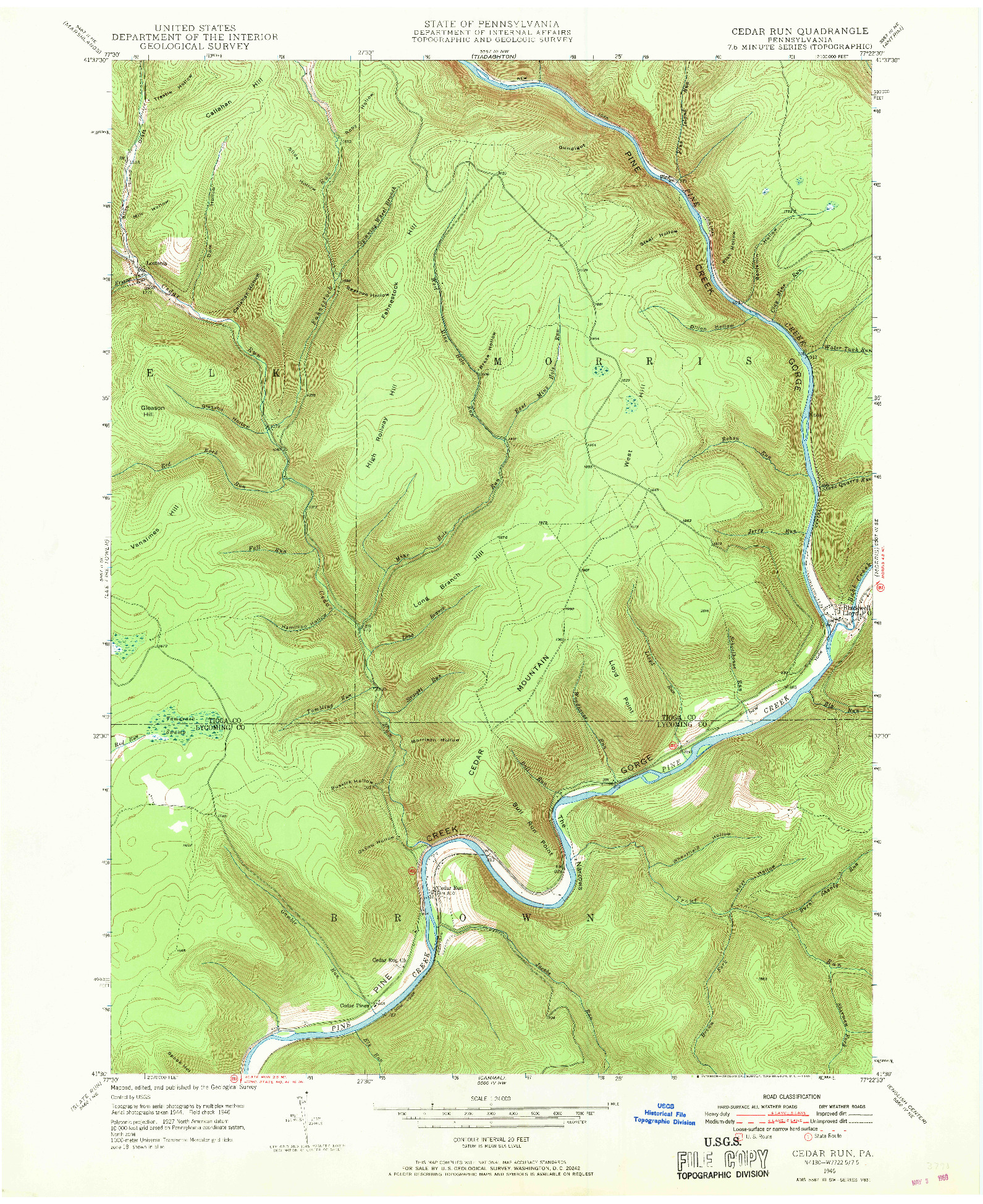 USGS 1:24000-SCALE QUADRANGLE FOR CEDAR RUN, PA 1946