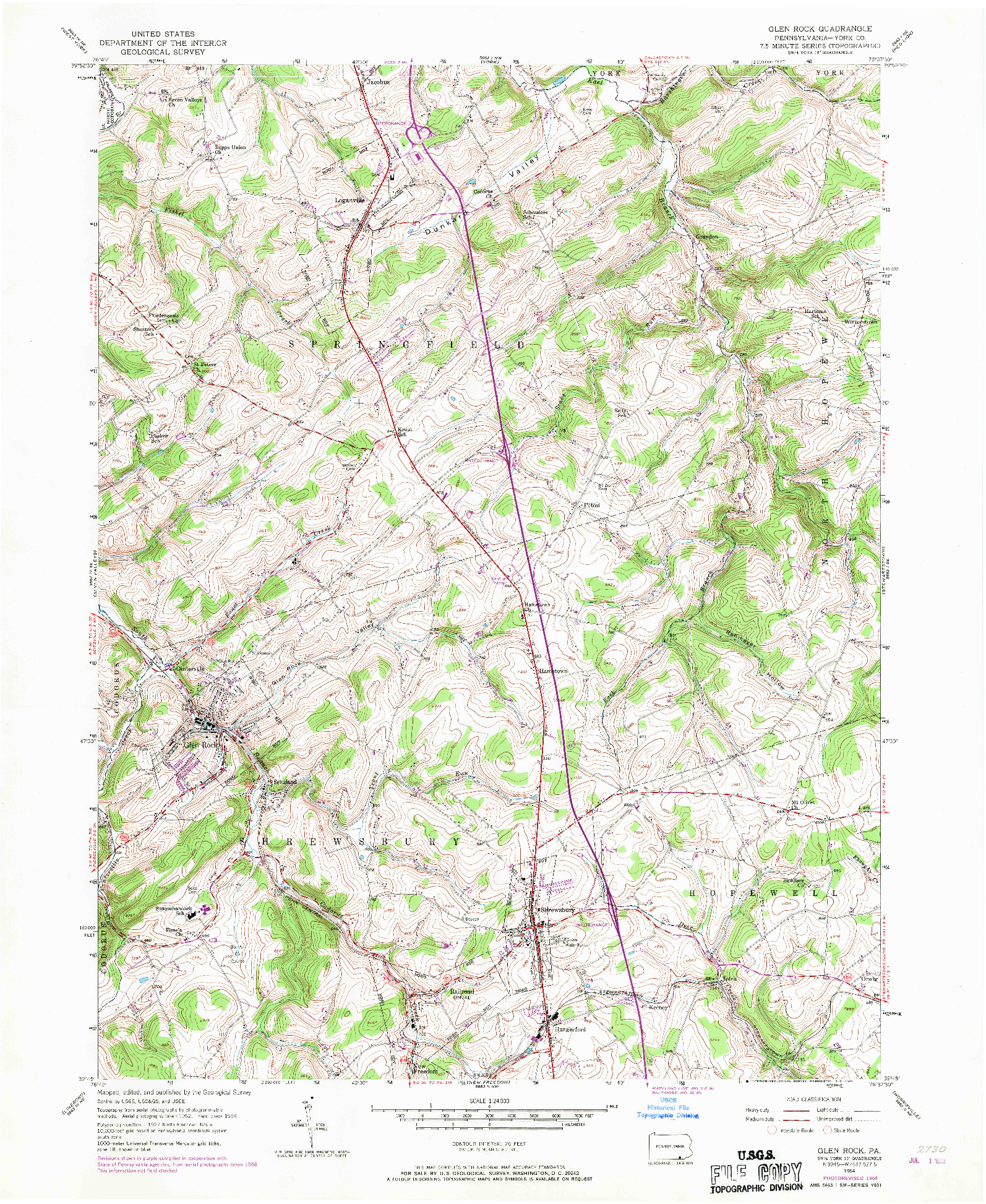 USGS 1:24000-SCALE QUADRANGLE FOR GLEN ROCK, PA 1954