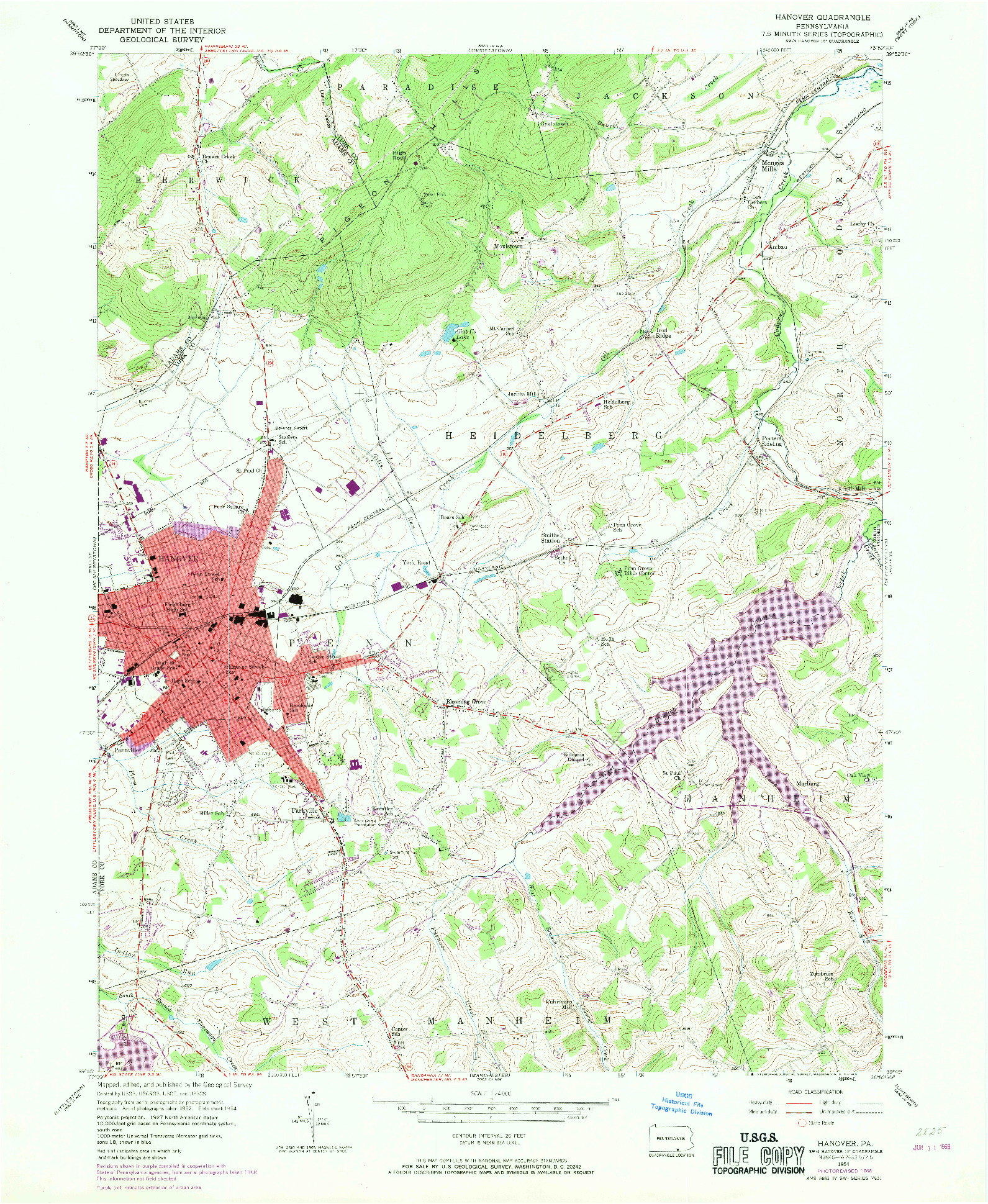 USGS 1:24000-SCALE QUADRANGLE FOR HANOVER, PA 1954