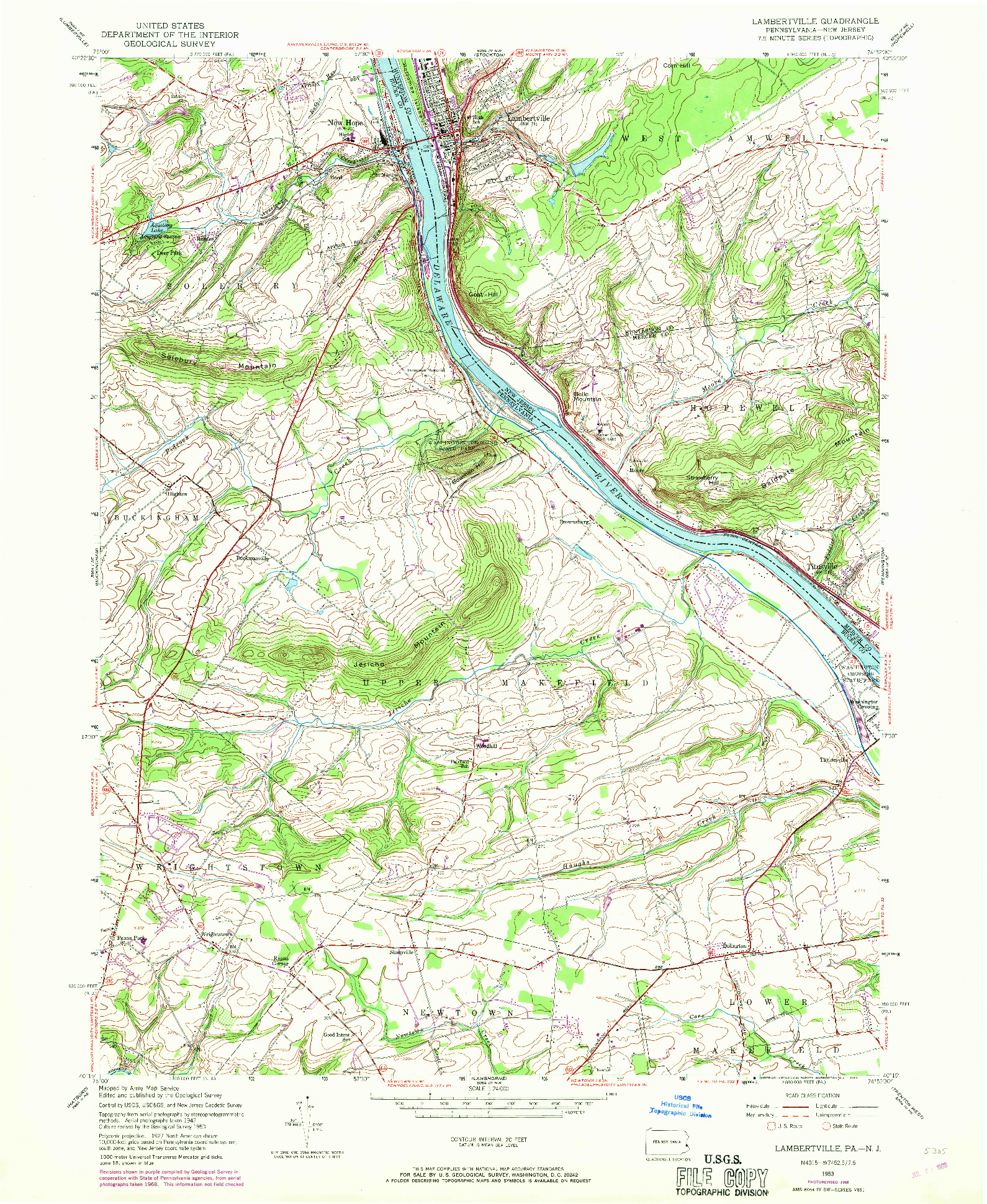 USGS 1:24000-SCALE QUADRANGLE FOR LAMBERTVILLE, PA 1953