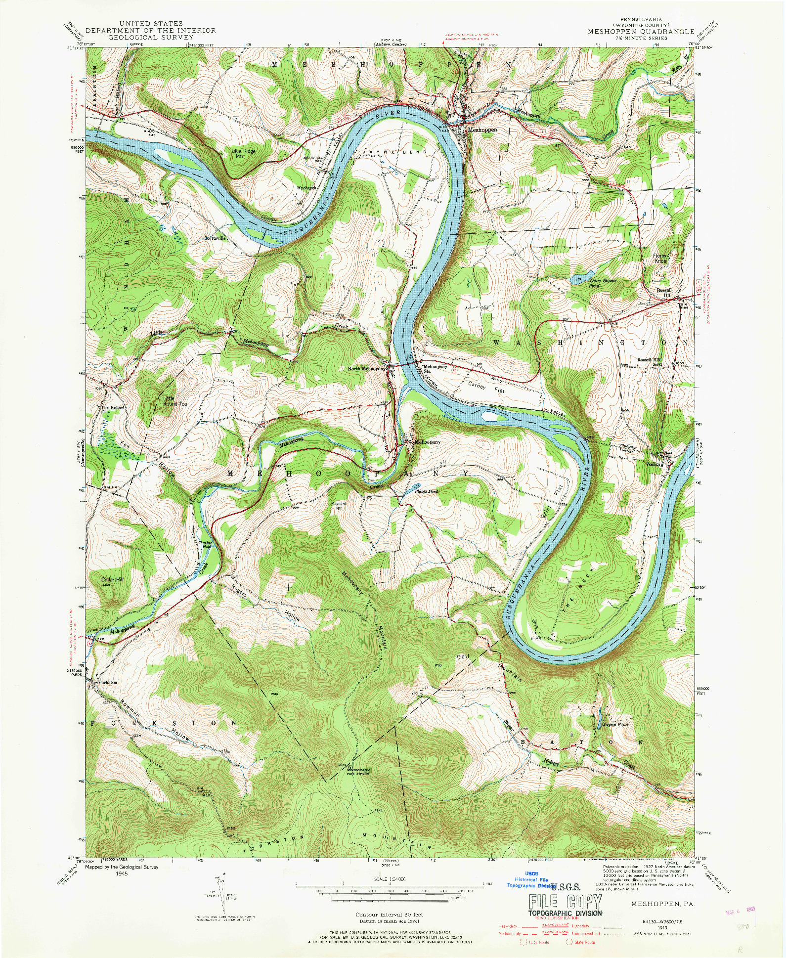 USGS 1:24000-SCALE QUADRANGLE FOR MESHOPPEN, PA 1945