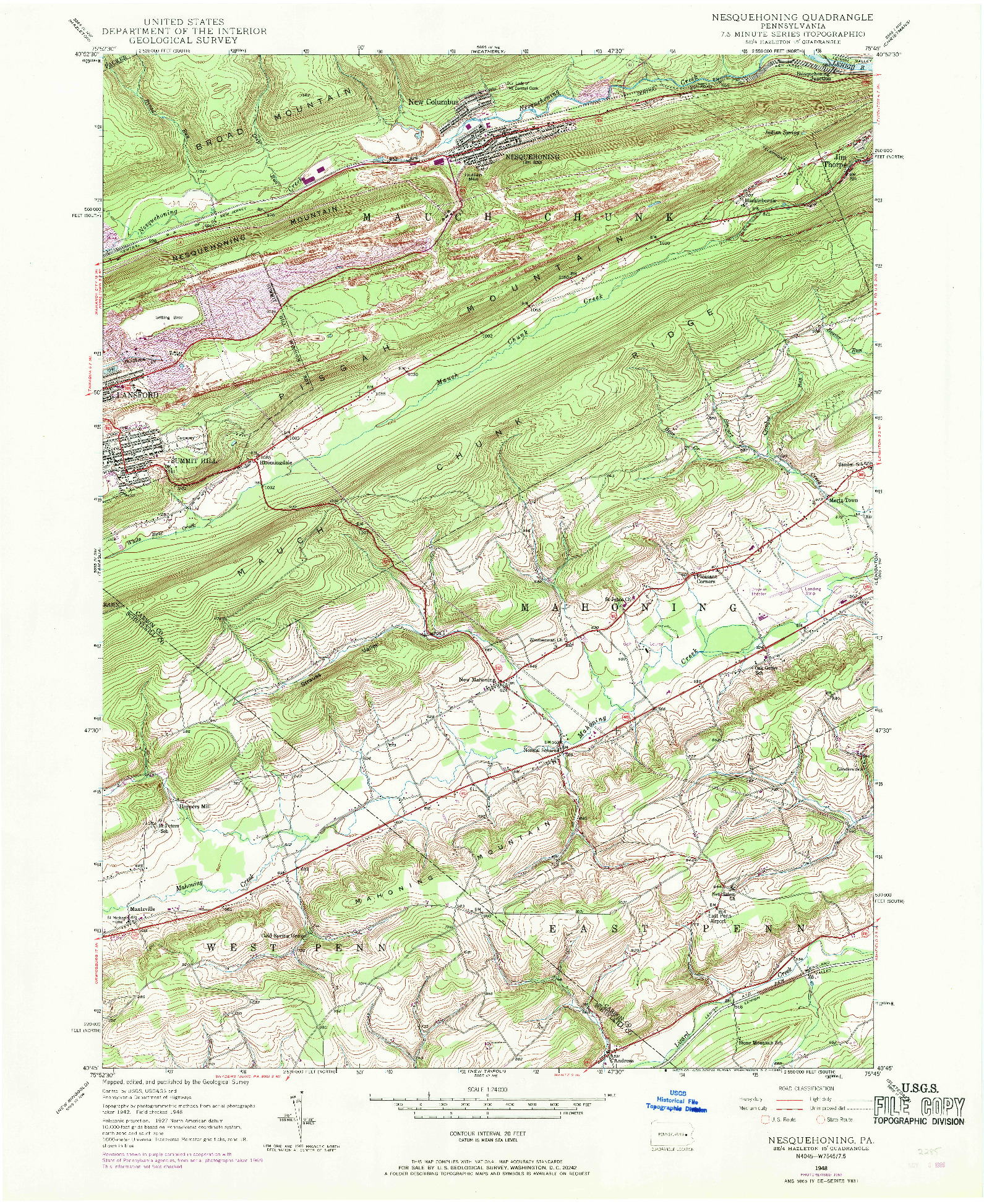 USGS 1:24000-SCALE QUADRANGLE FOR NESQUEHONING, PA 1948