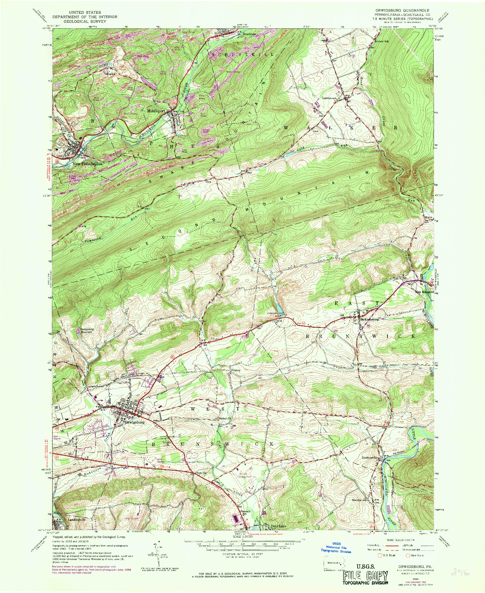 USGS 1:24000-SCALE QUADRANGLE FOR ORWIGSBURG, PA 1944