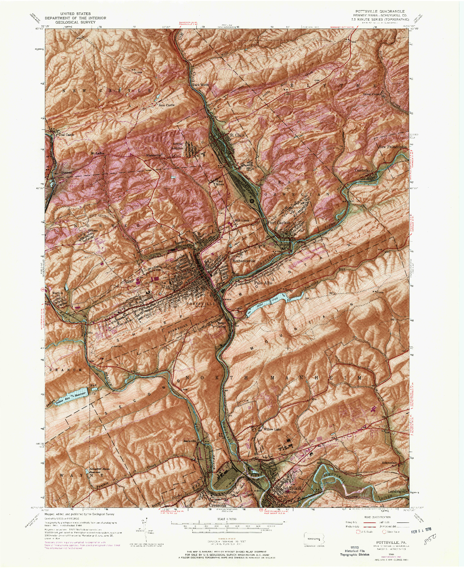 USGS 1:24000-SCALE QUADRANGLE FOR POTTSVILLE, PA 1944