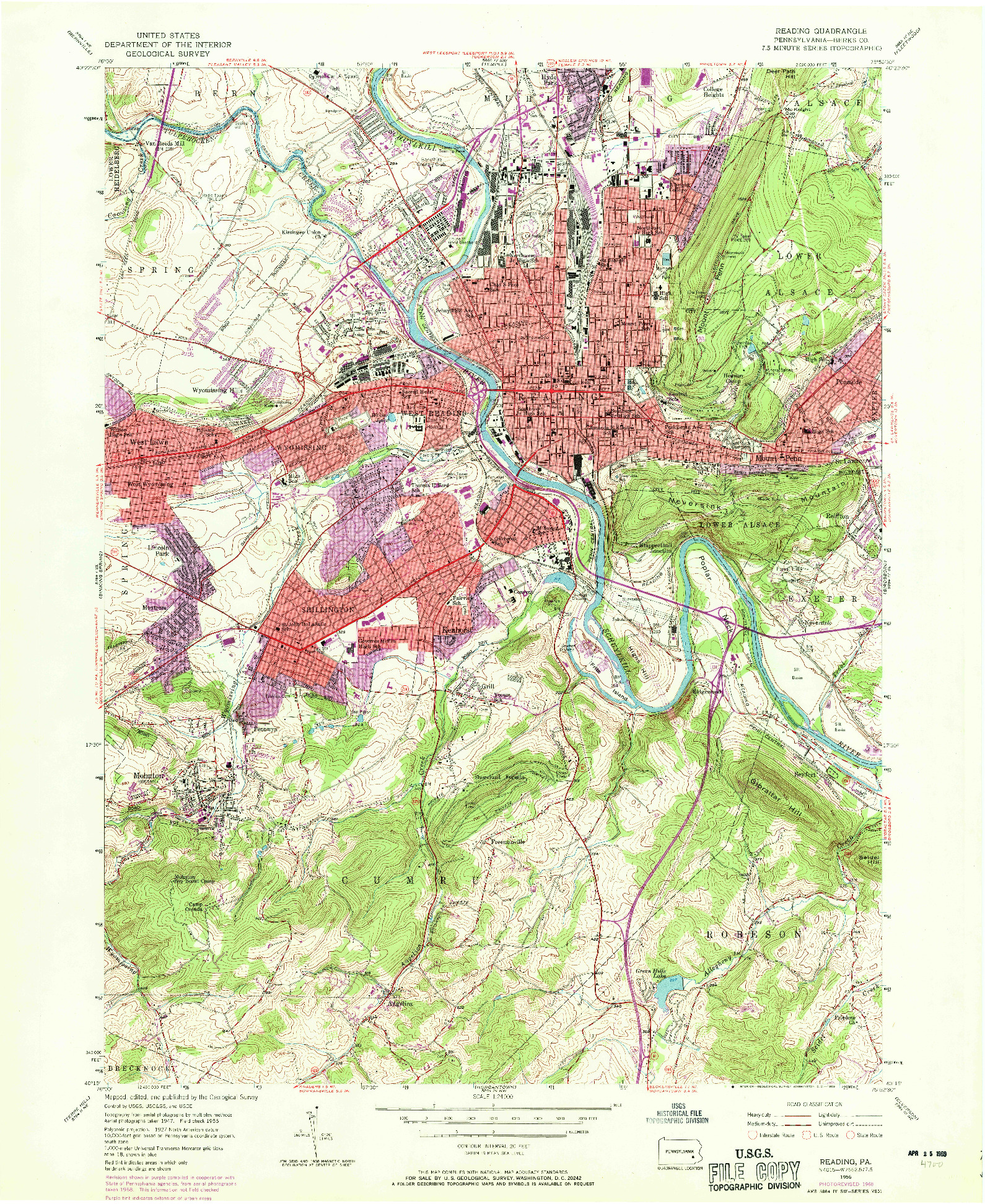 USGS 1:24000-SCALE QUADRANGLE FOR READING, PA 1956