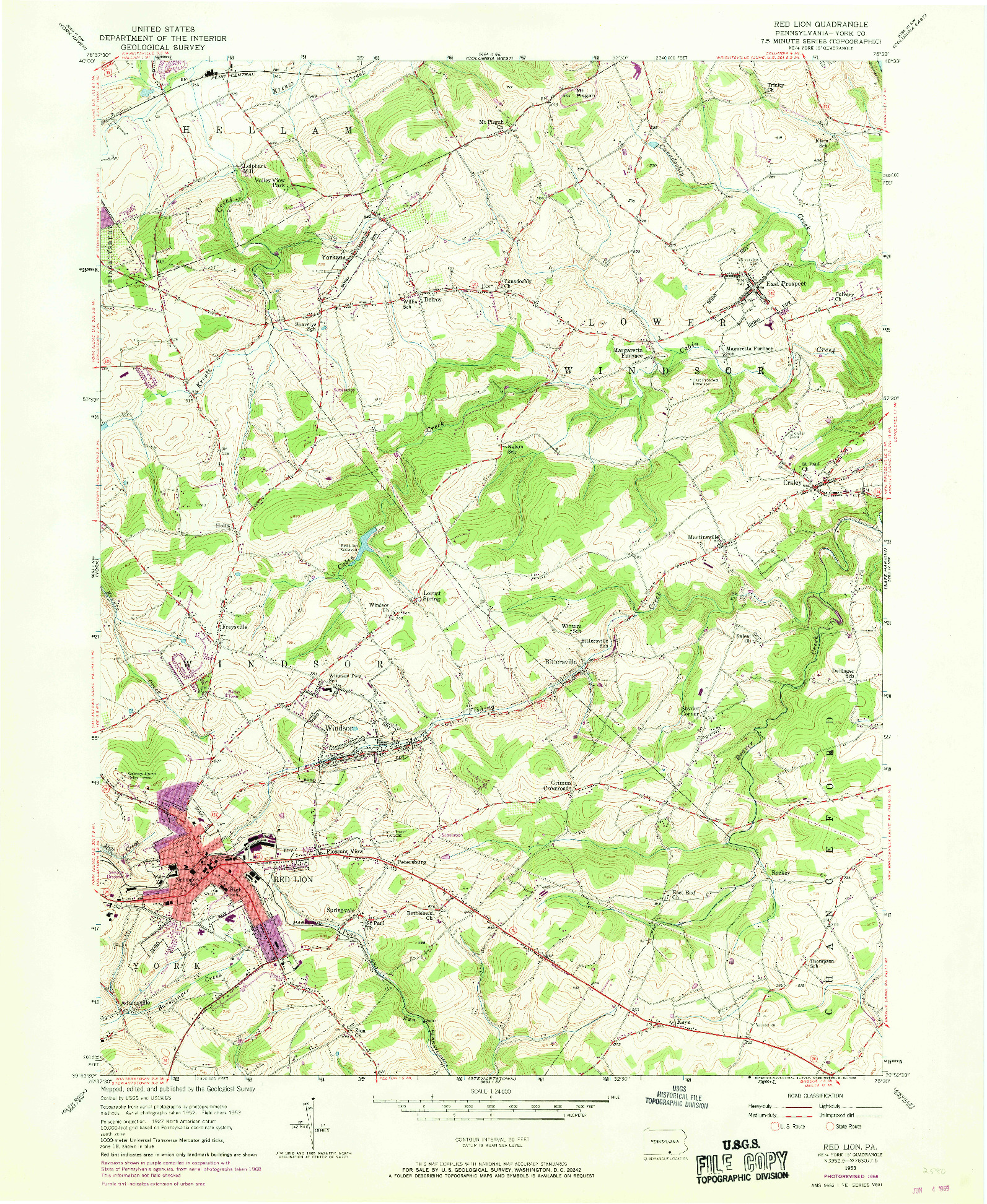 USGS 1:24000-SCALE QUADRANGLE FOR RED LION, PA 1953