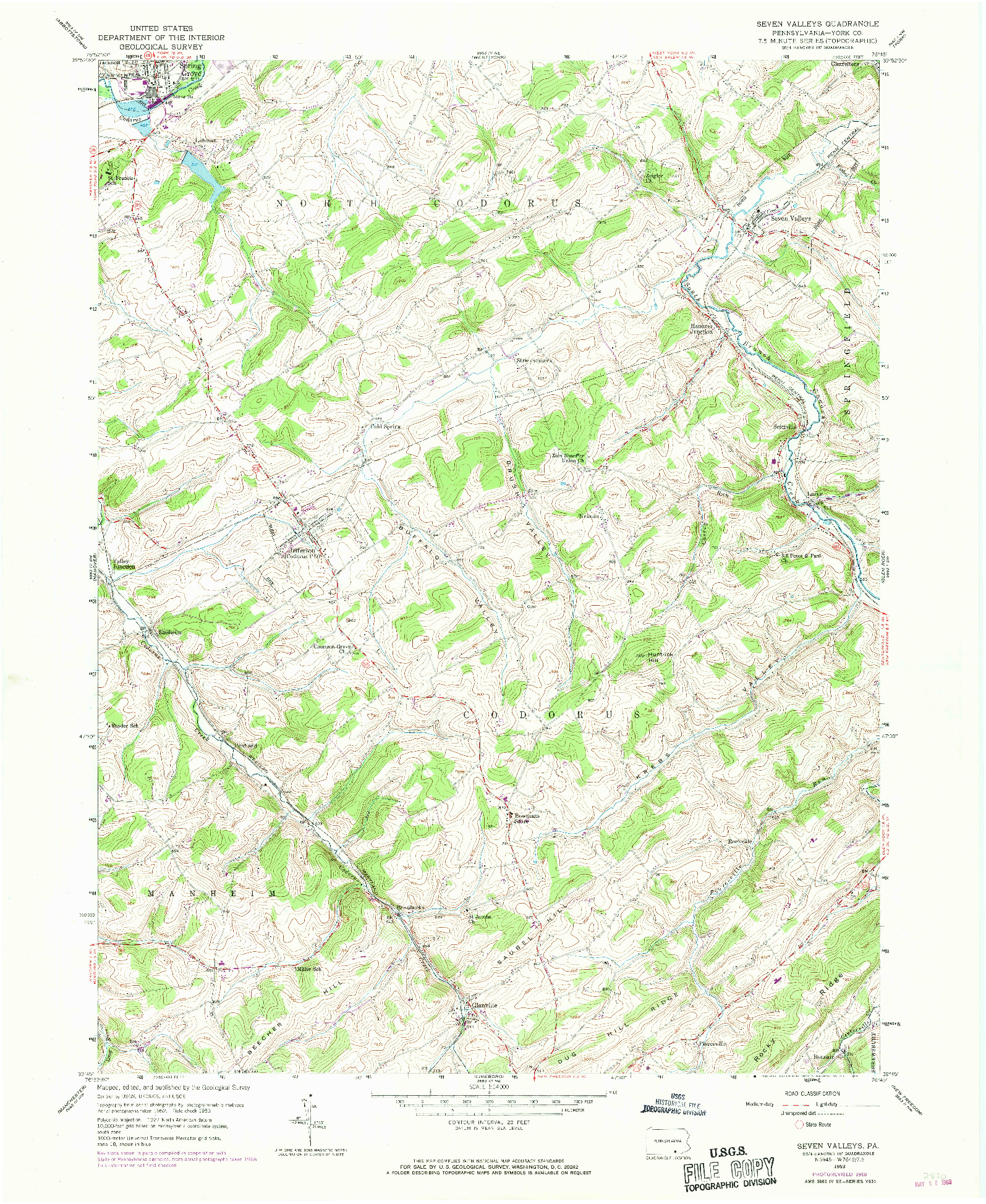 USGS 1:24000-SCALE QUADRANGLE FOR SEVEN VALLEYS, PA 1953