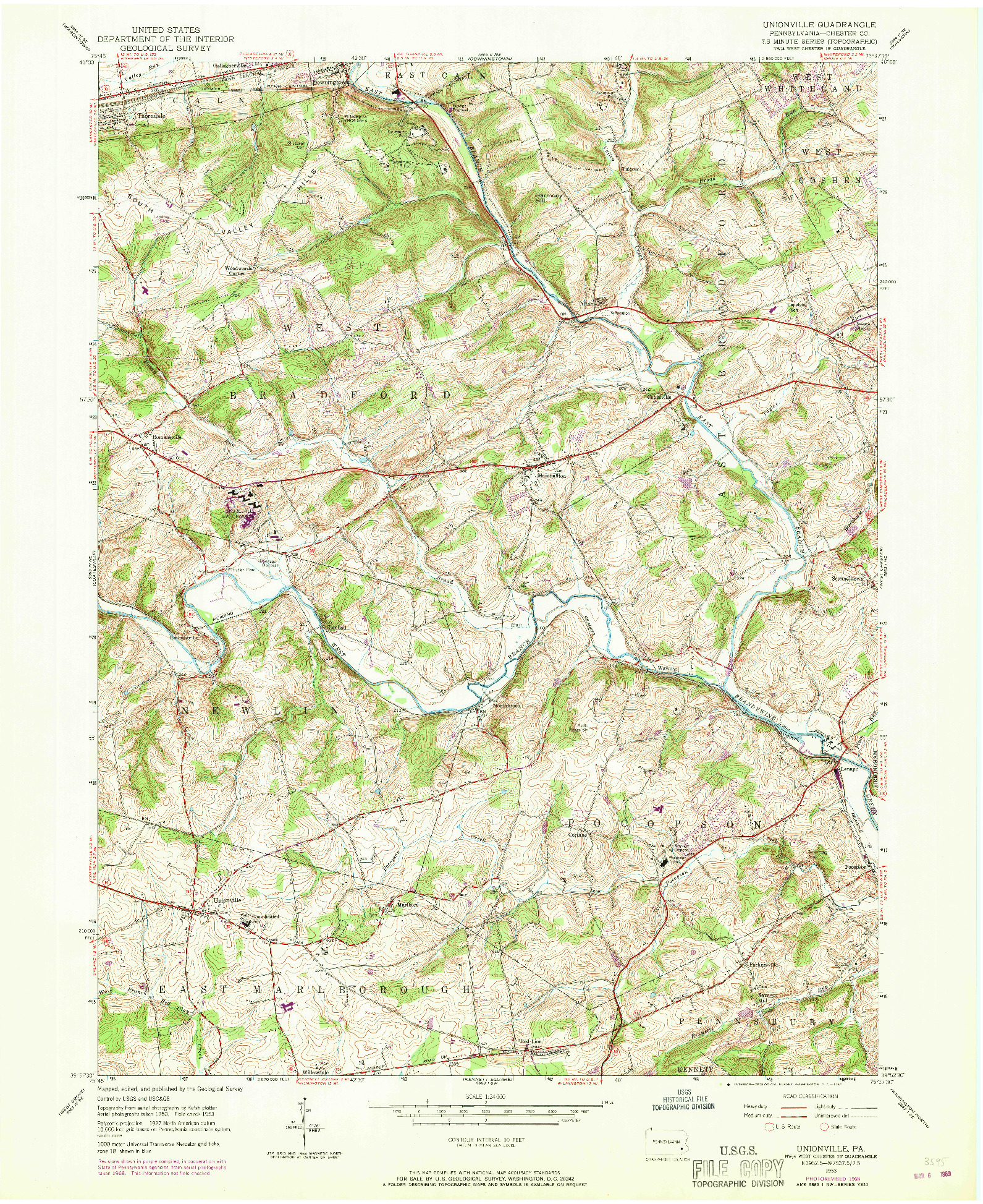 USGS 1:24000-SCALE QUADRANGLE FOR UNIONVILLE, PA 1953