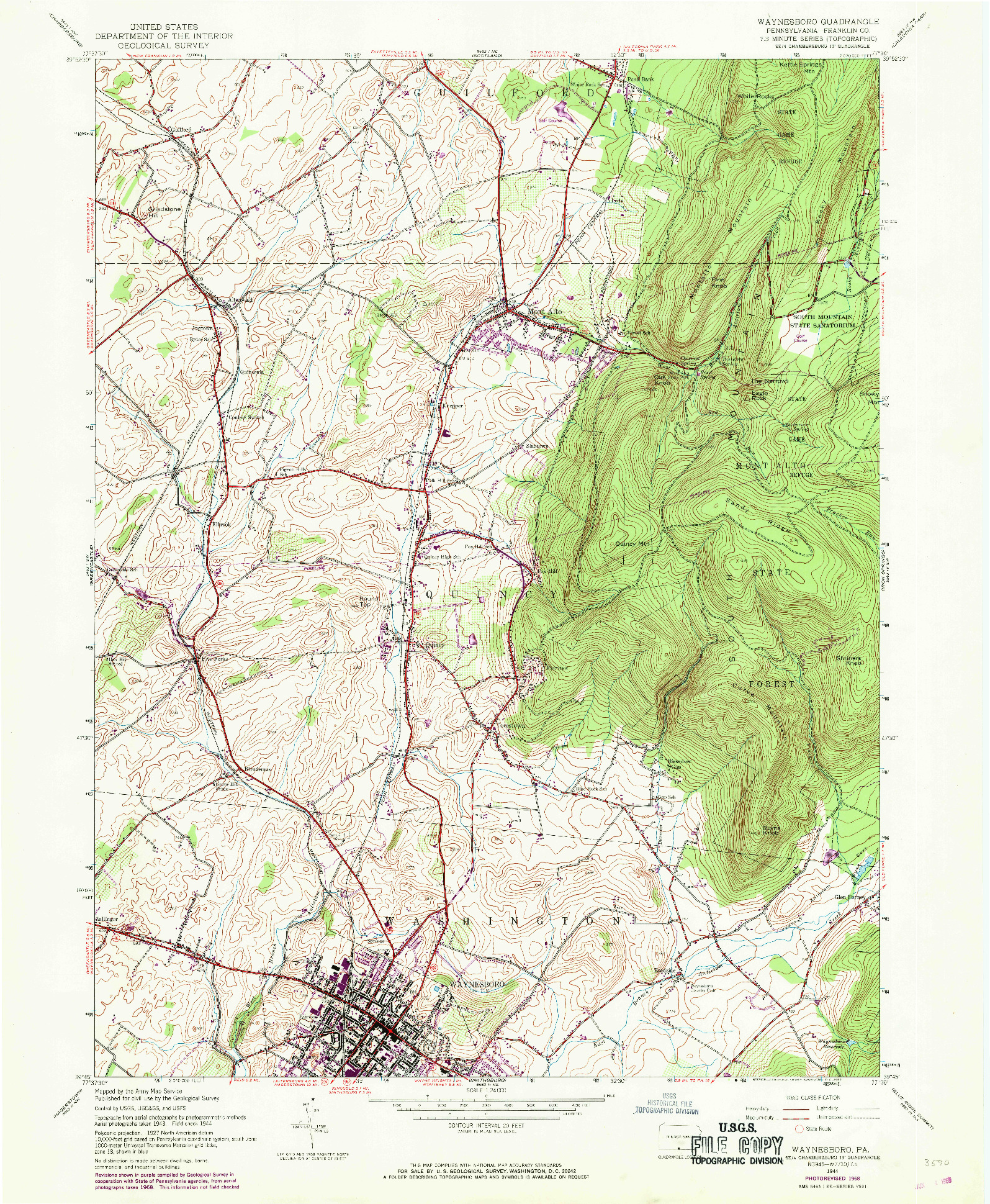 USGS 1:24000-SCALE QUADRANGLE FOR WAYNESBORO, PA 1944