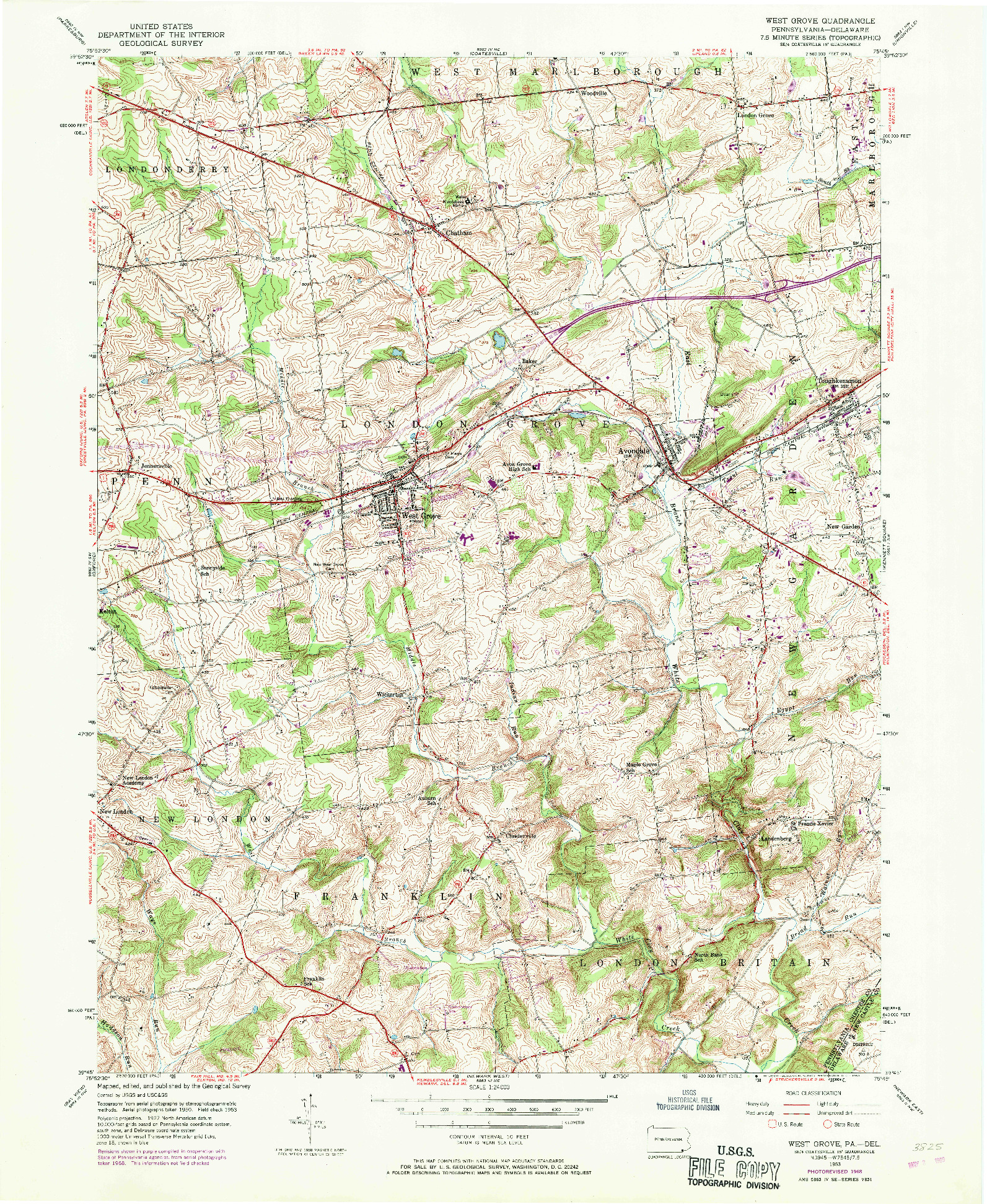 USGS 1:24000-SCALE QUADRANGLE FOR WEST GROVE, PA 1953