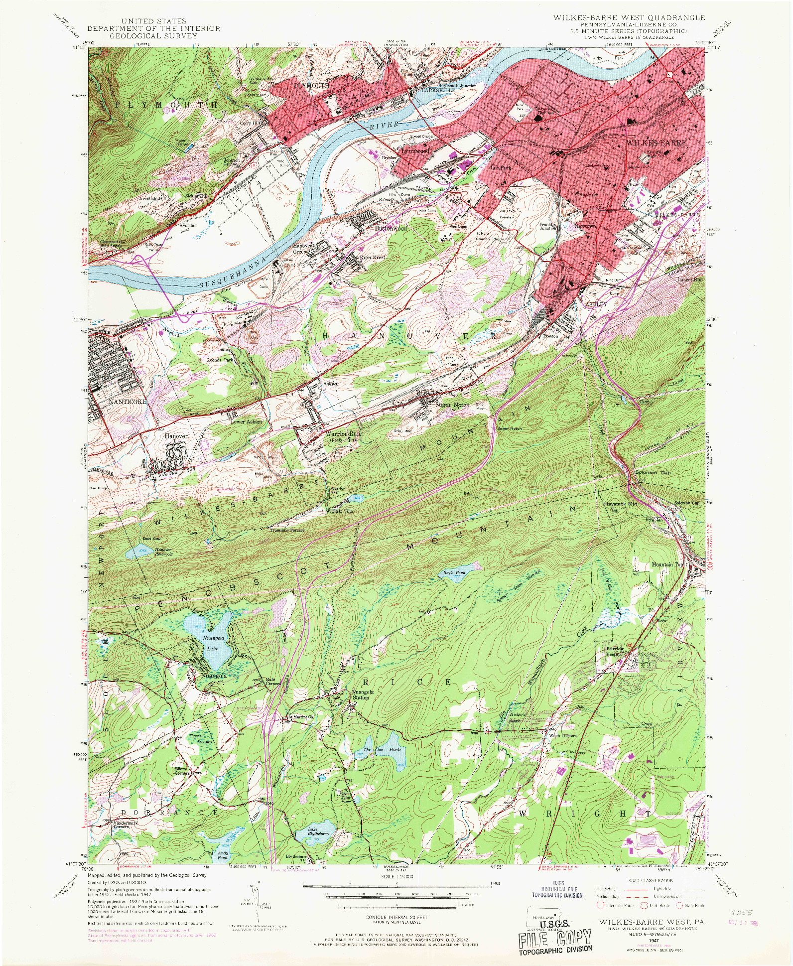 USGS 1:24000-SCALE QUADRANGLE FOR WILKES-BARRE WEST, PA 1947