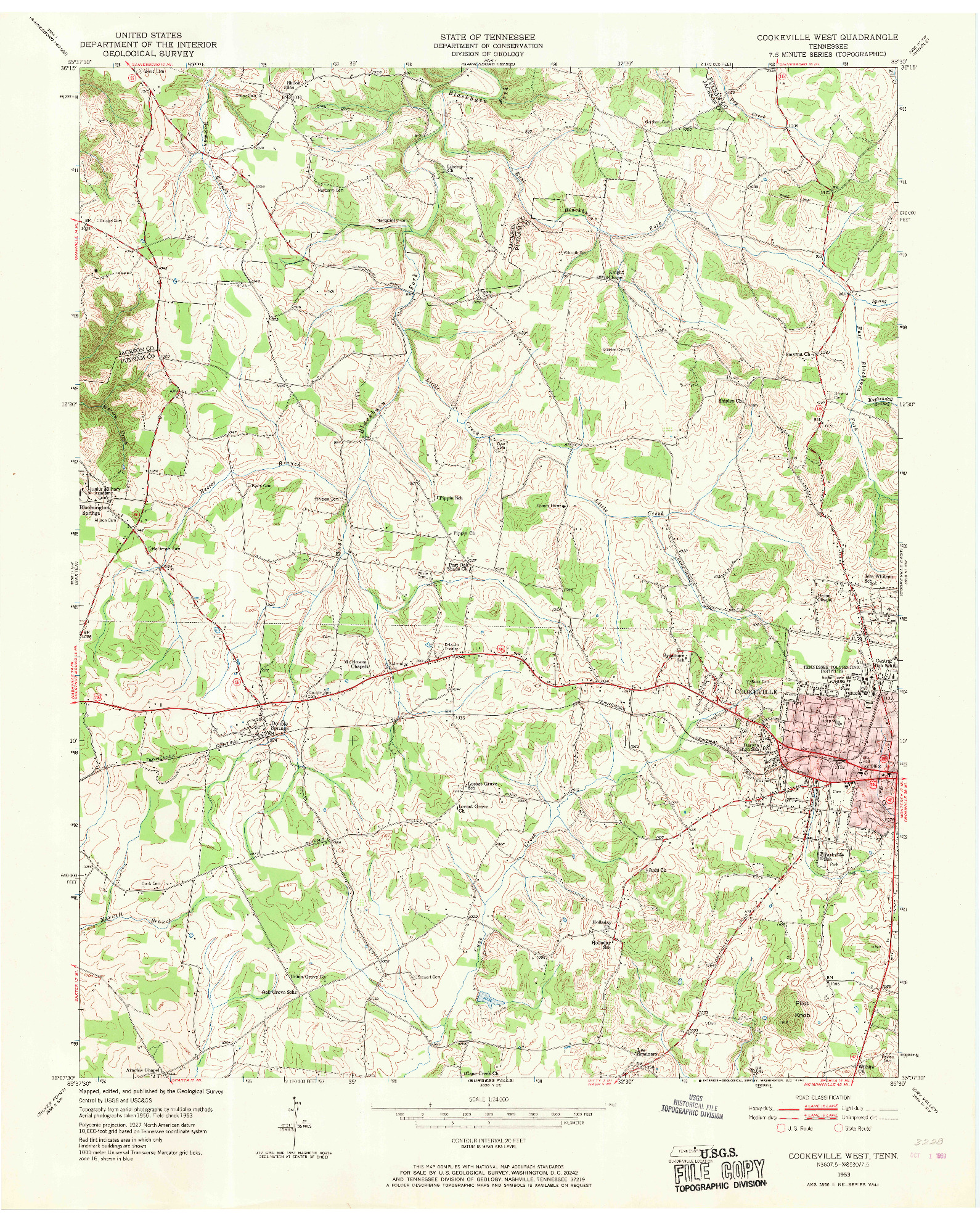 USGS 1:24000-SCALE QUADRANGLE FOR COOKEVILLE WEST, TN 1953