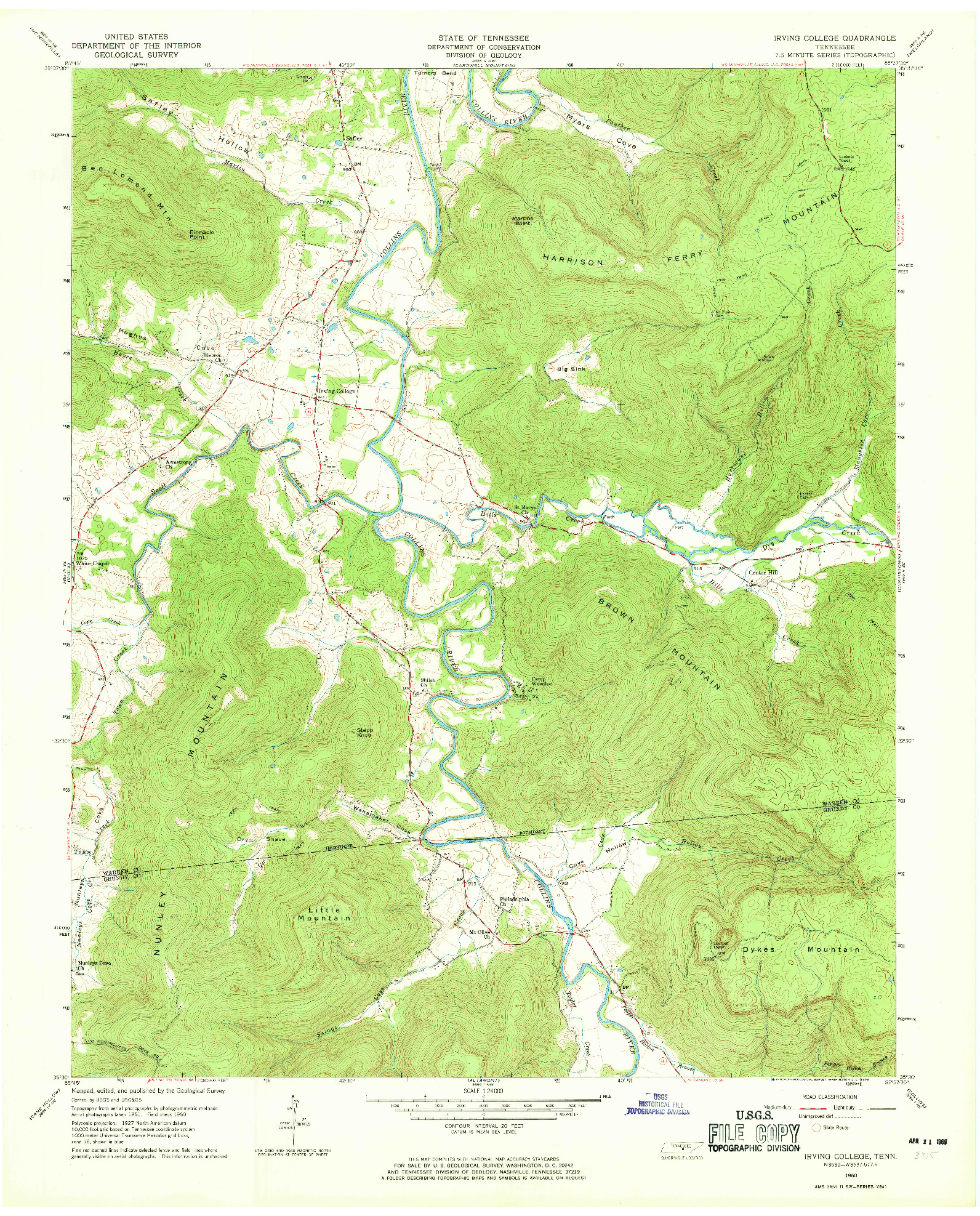 USGS 1:24000-SCALE QUADRANGLE FOR IRVING COLLEGE, TN 1960