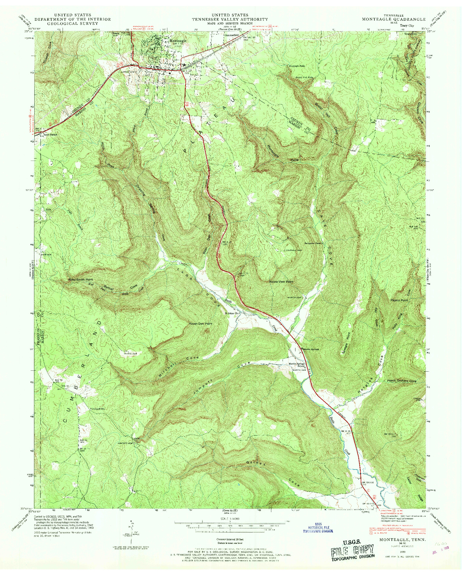 USGS 1:24000-SCALE QUADRANGLE FOR MONTEAGLE, TN 1950