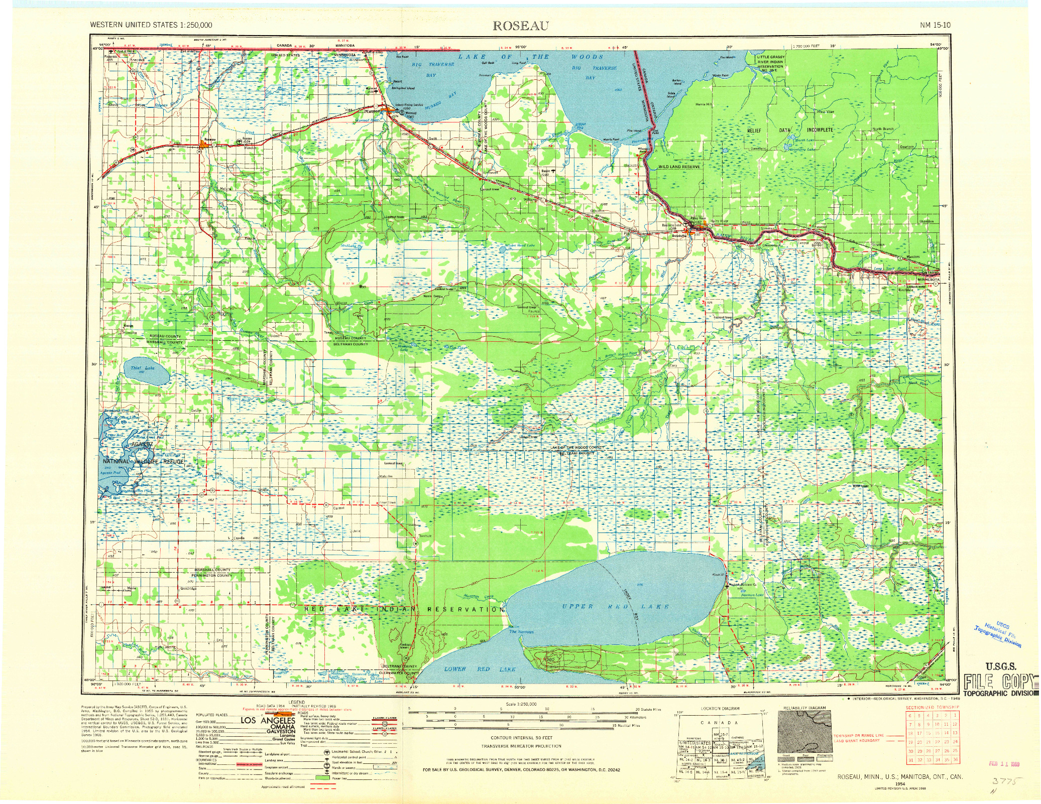 USGS 1:250000-SCALE QUADRANGLE FOR ROSEAU, MN 1954