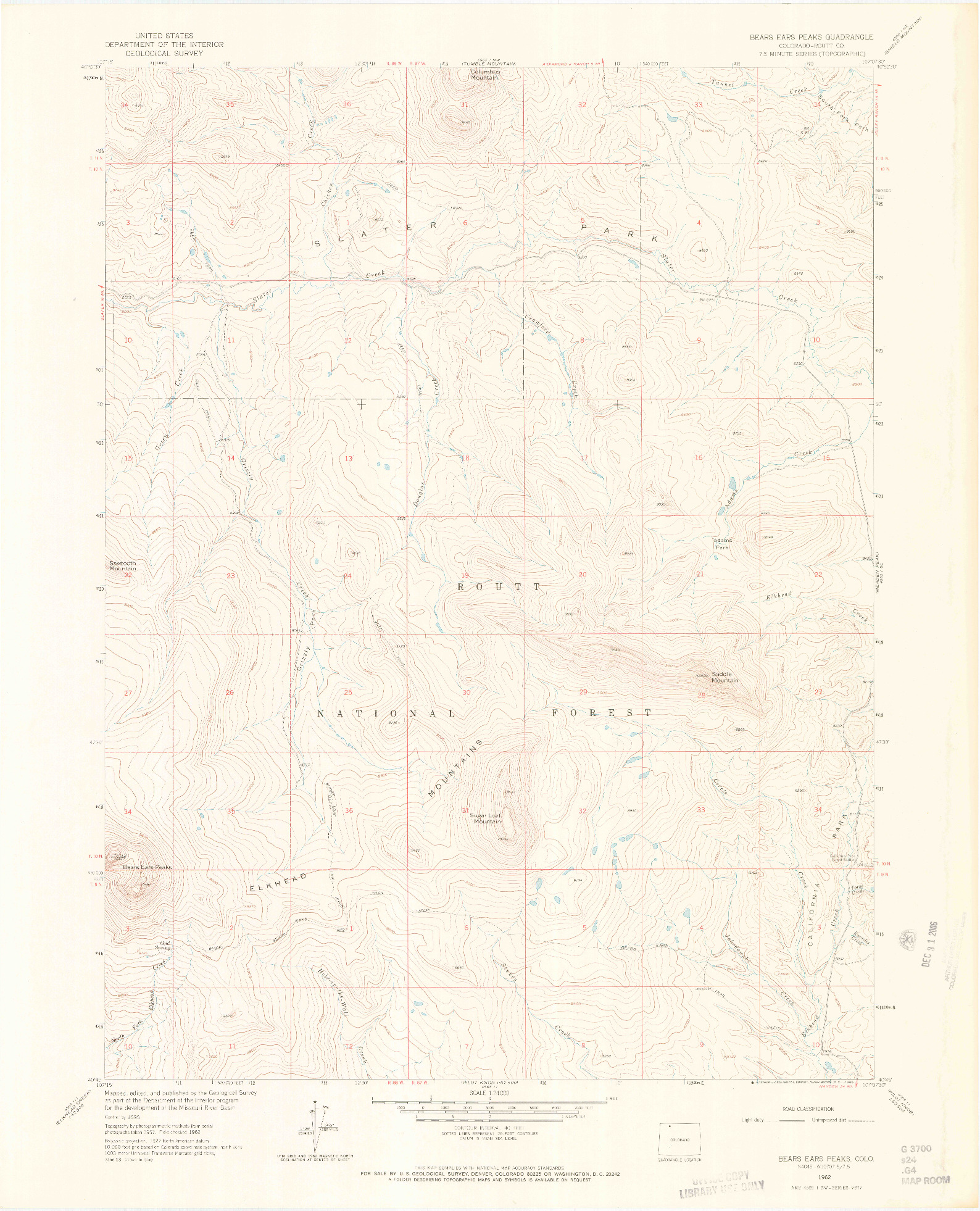 USGS 1:24000-SCALE QUADRANGLE FOR BEARS EARS PEAKS, CO 1962