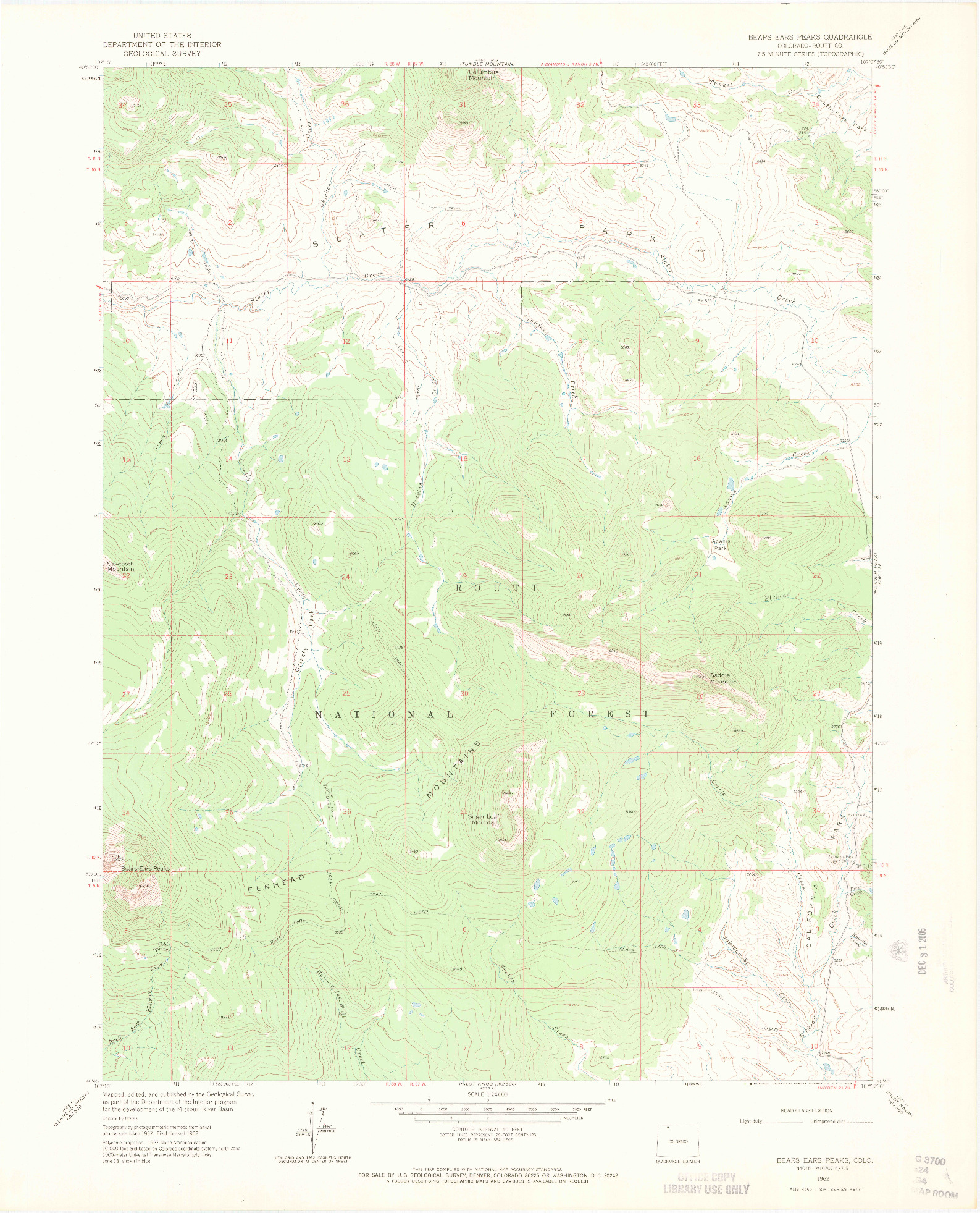 USGS 1:24000-SCALE QUADRANGLE FOR BEARS EARS PEAKS, CO 1962