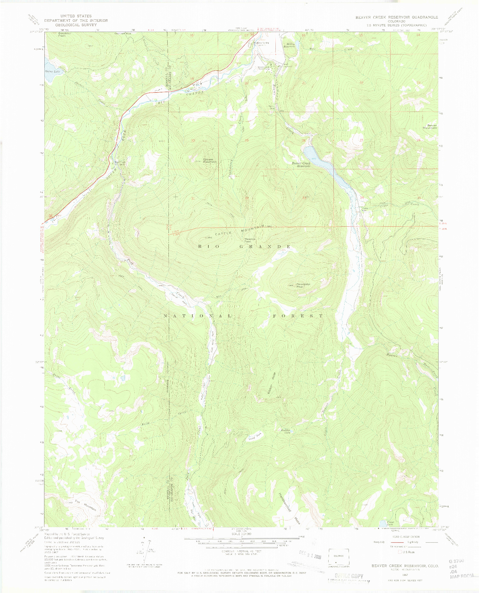 USGS 1:24000-SCALE QUADRANGLE FOR BEAVER CREEK RESERVOIR, CO 1967