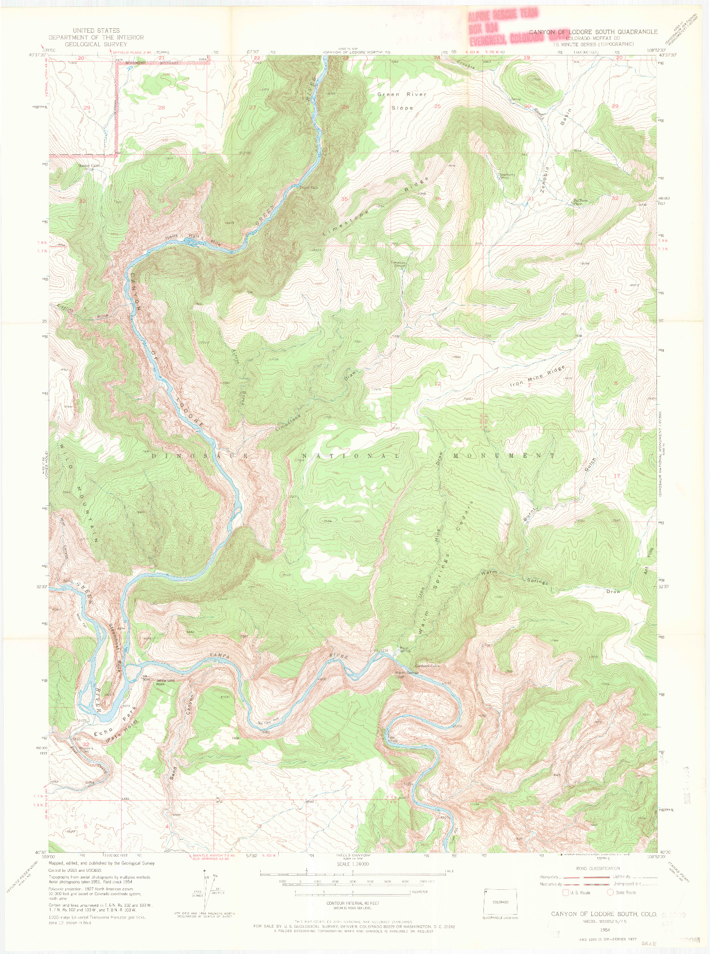 USGS 1:24000-SCALE QUADRANGLE FOR CANYON OF LODORE SOUTH, CO 1954