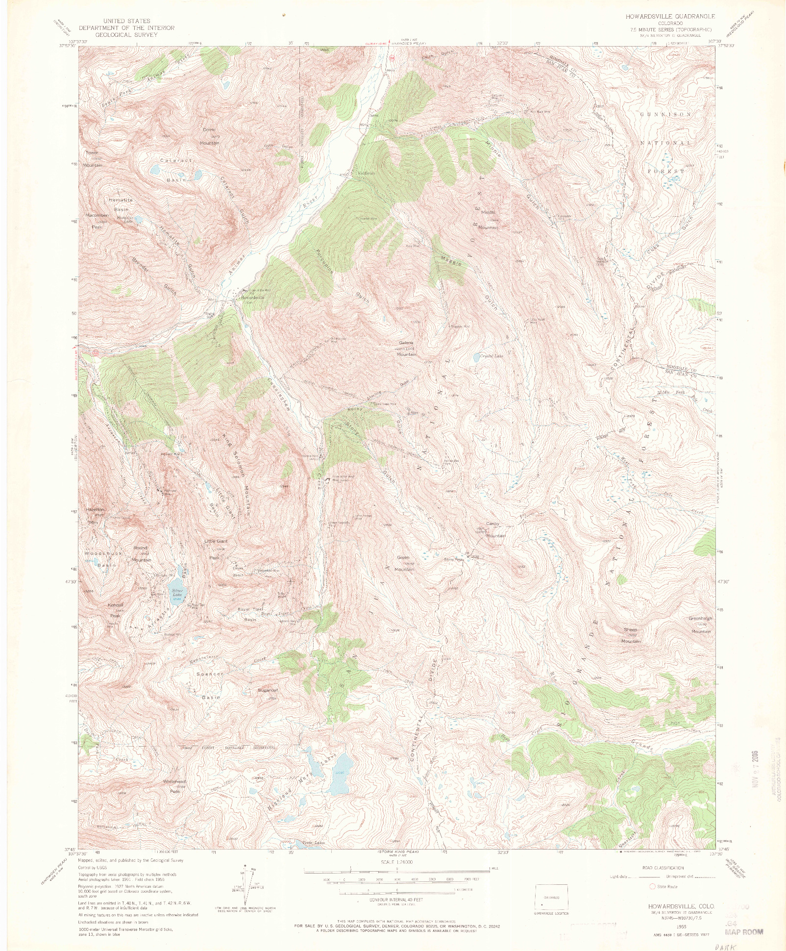 USGS 1:24000-SCALE QUADRANGLE FOR HOWARDSVILLE, CO 1955