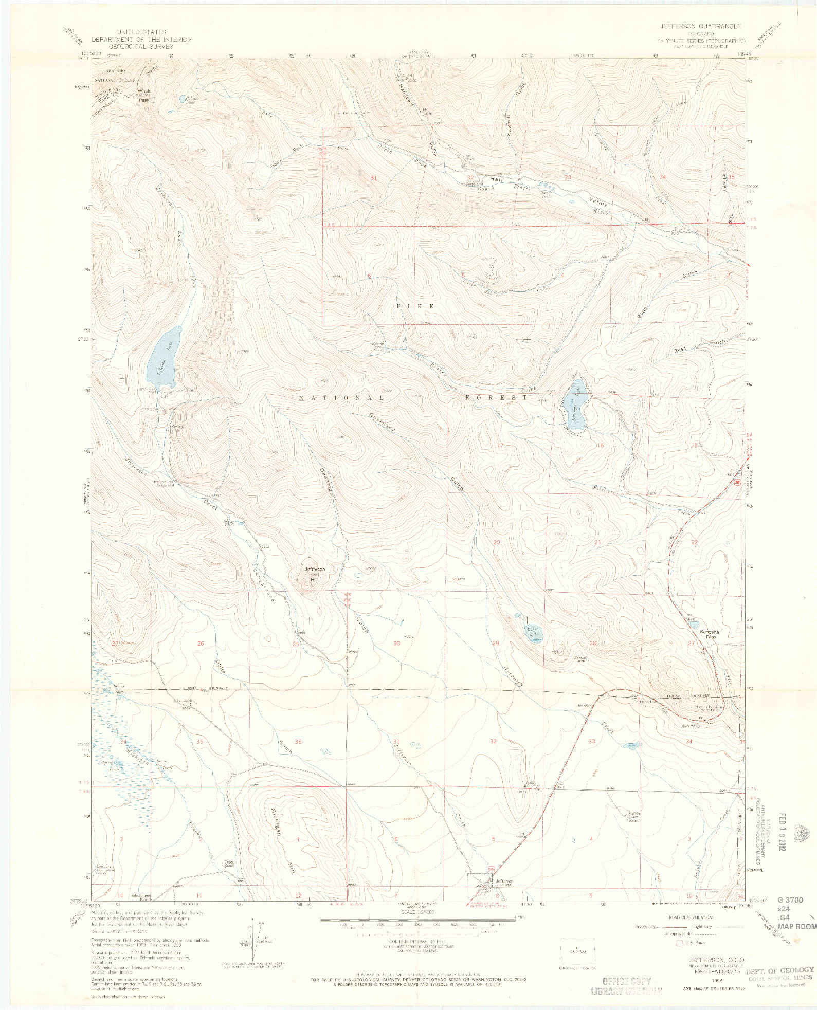 USGS 1:24000-SCALE QUADRANGLE FOR JEFFERSON, CO 1958