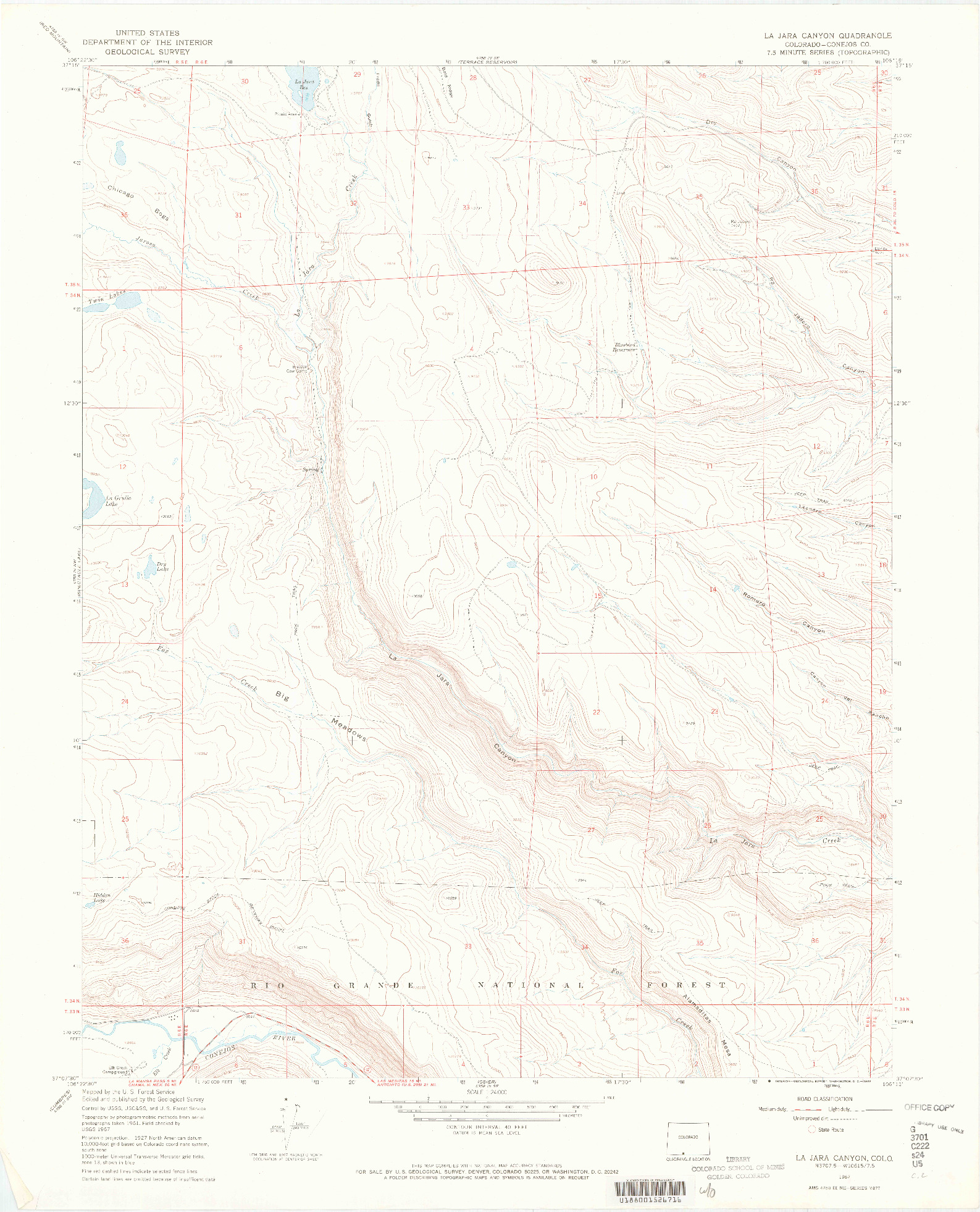 USGS 1:24000-SCALE QUADRANGLE FOR LA JARA CANYON, CO 1967