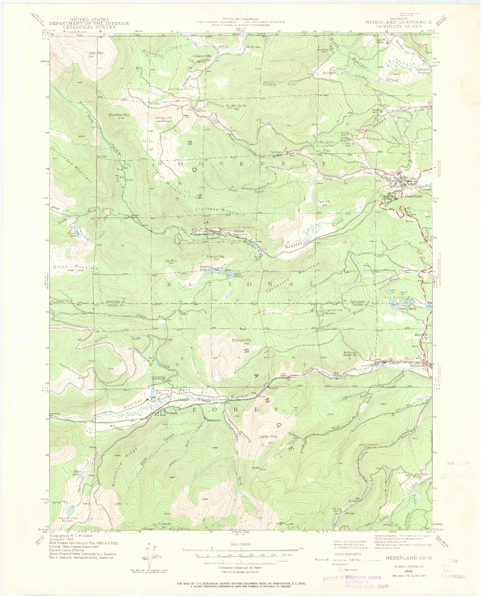 USGS 1:24000-SCALE QUADRANGLE FOR NEDERLAND, CO 1942