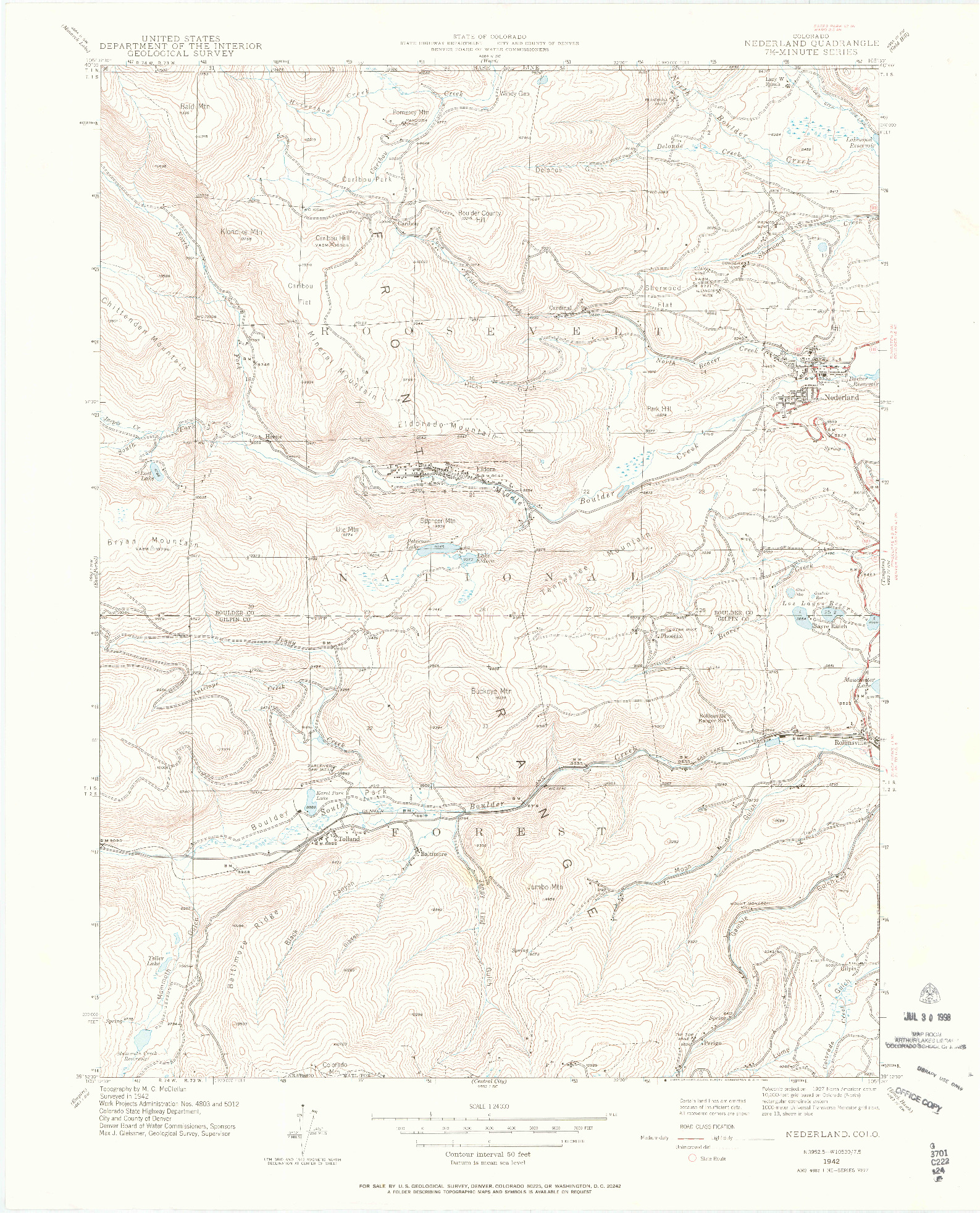 USGS 1:24000-SCALE QUADRANGLE FOR NEDERLAND, CO 1942