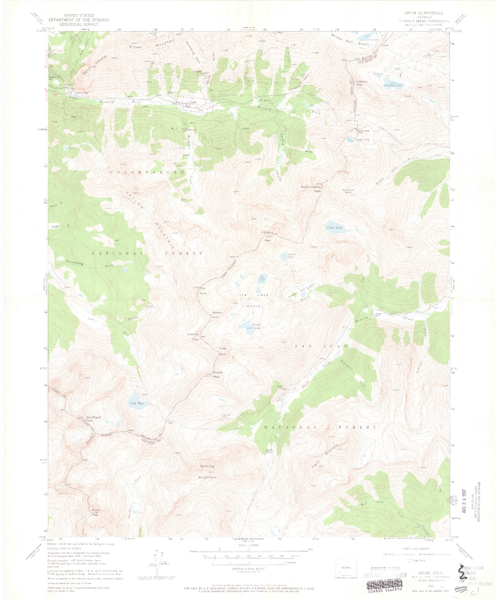 USGS 1:24000-SCALE QUADRANGLE FOR OPHIR, CO 1955