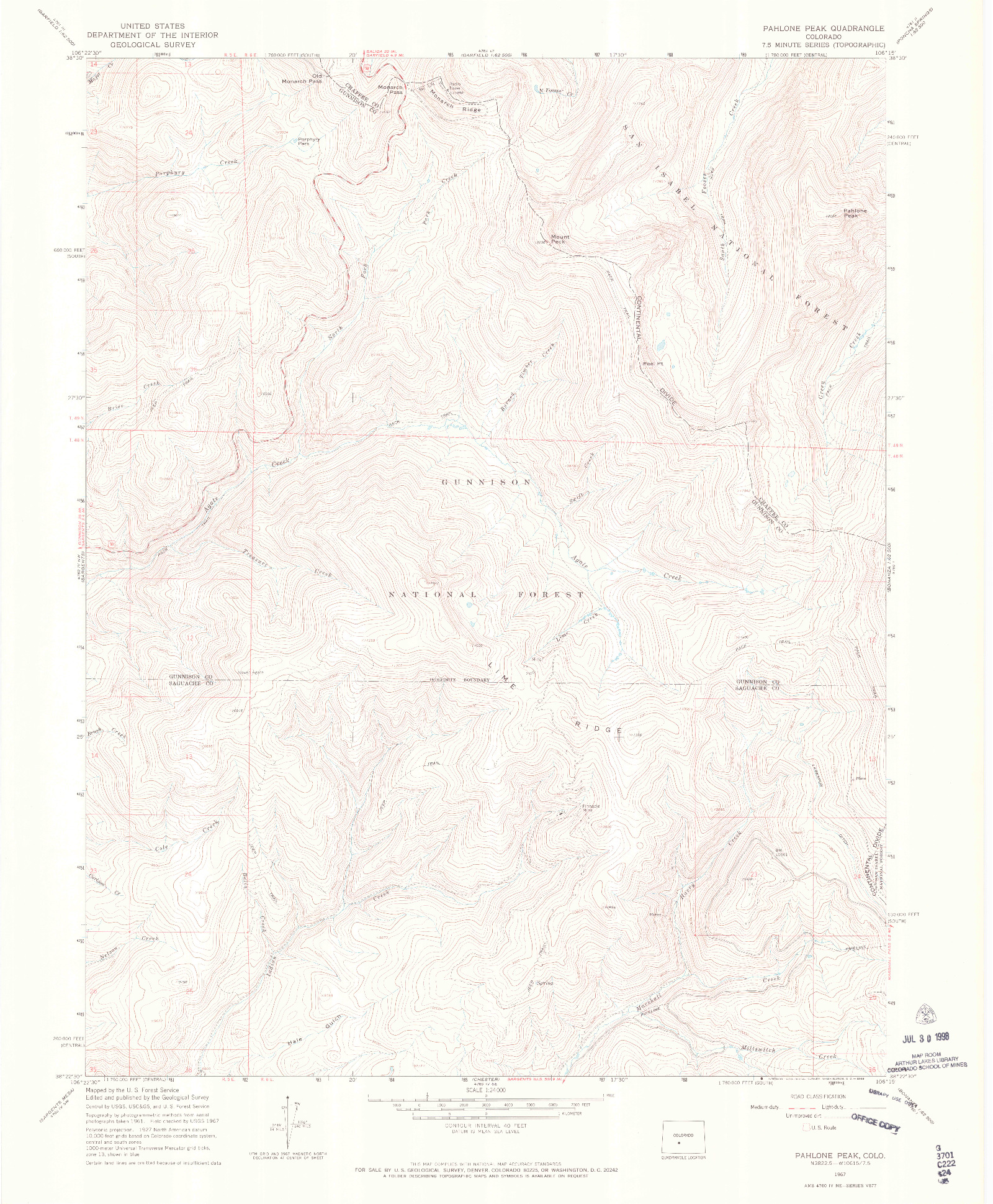 USGS 1:24000-SCALE QUADRANGLE FOR PAHLONE PEAK, CO 1967
