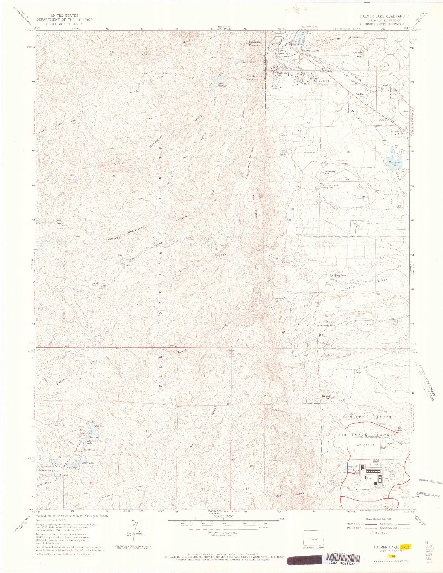 USGS 1:24000-SCALE QUADRANGLE FOR PALMER LAKE, CO 1961
