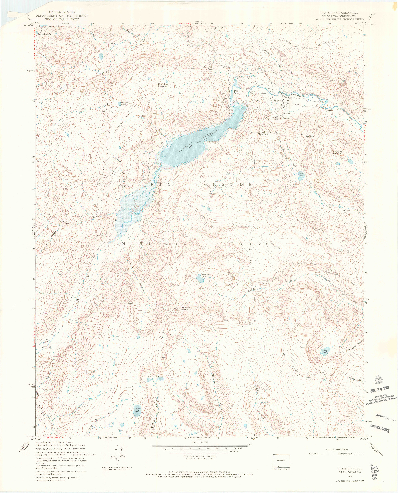 USGS 1:24000-SCALE QUADRANGLE FOR PLATORO, CO 1967