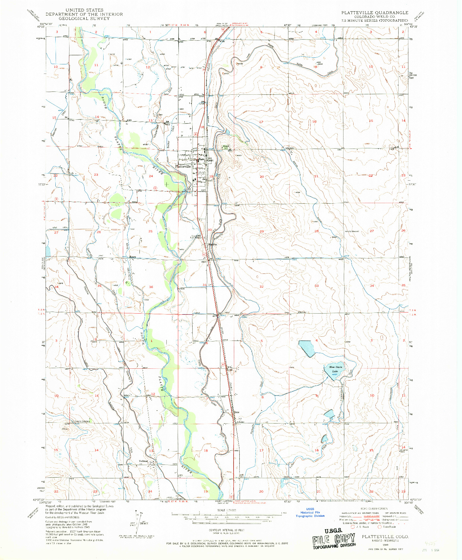 USGS 1:24000-SCALE QUADRANGLE FOR PLATTEVILLE, CO 1949