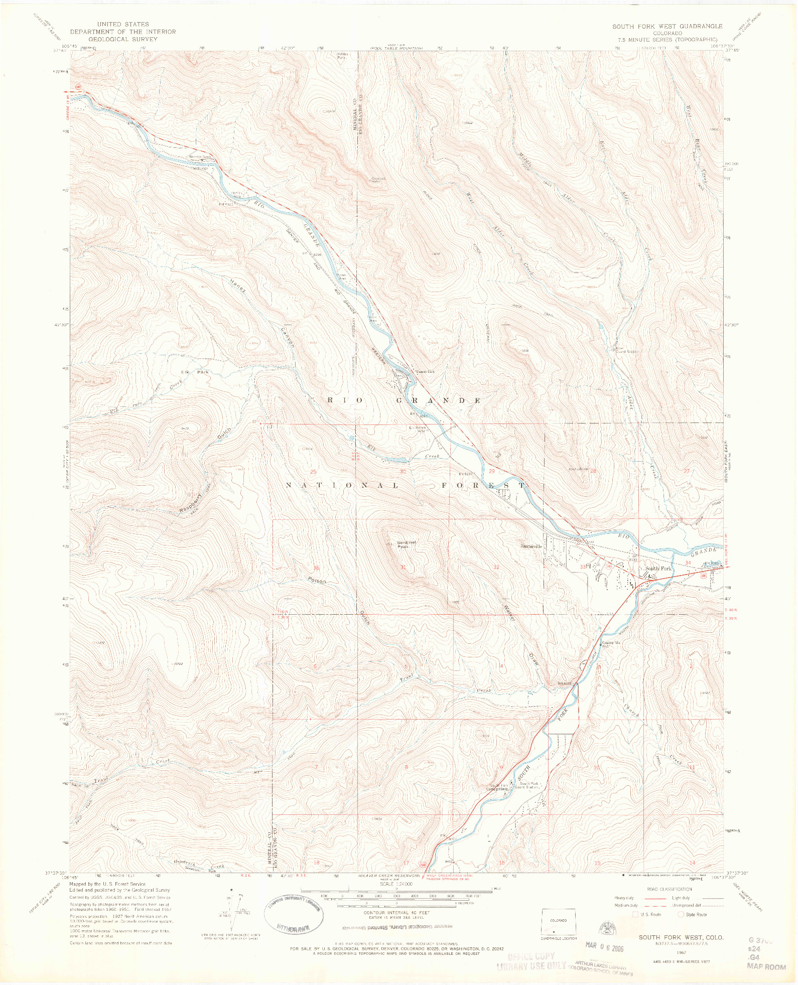 USGS 1:24000-SCALE QUADRANGLE FOR SOUTH FORK WEST, CO 1967