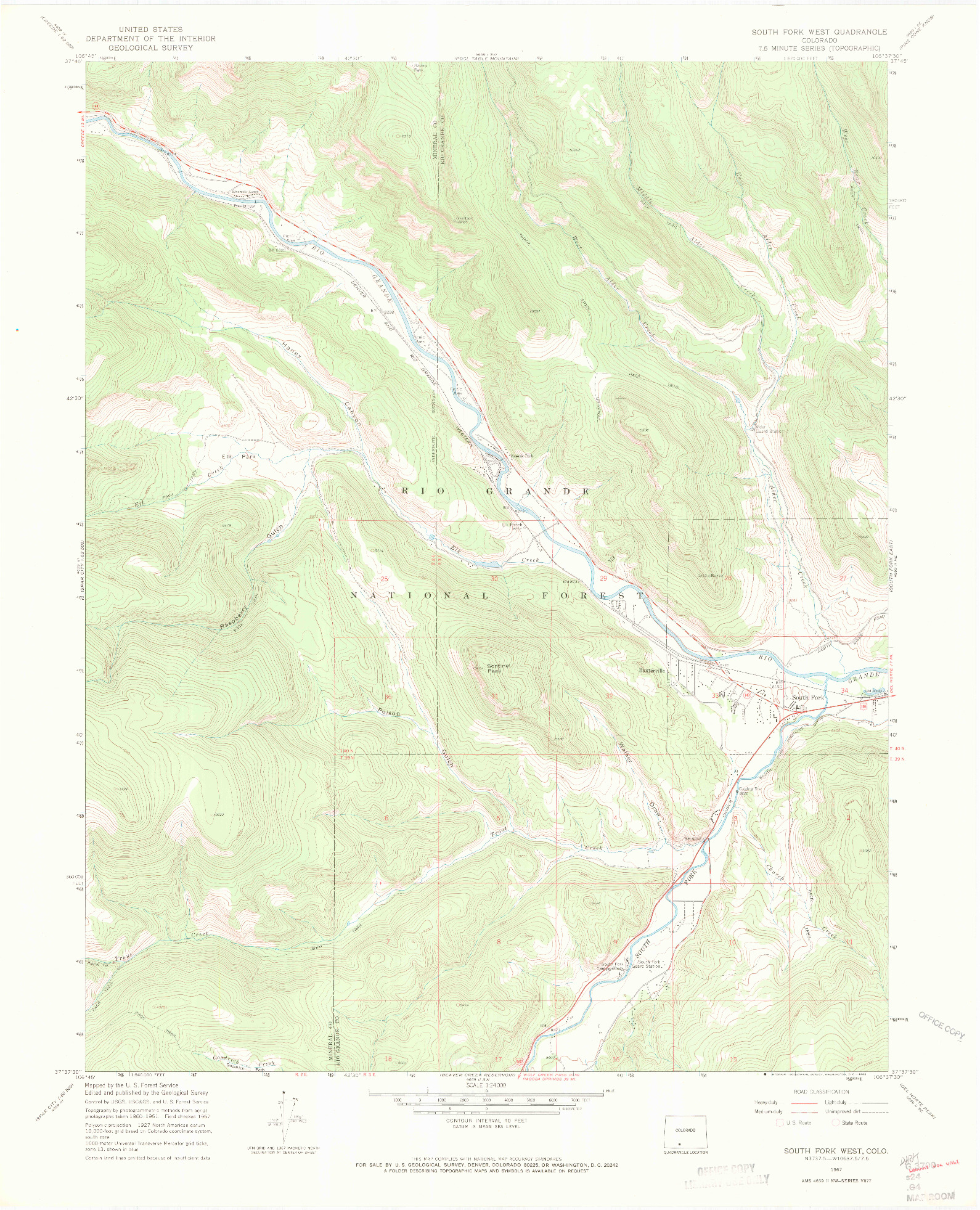 USGS 1:24000-SCALE QUADRANGLE FOR SOUTH FORK WEST, CO 1967