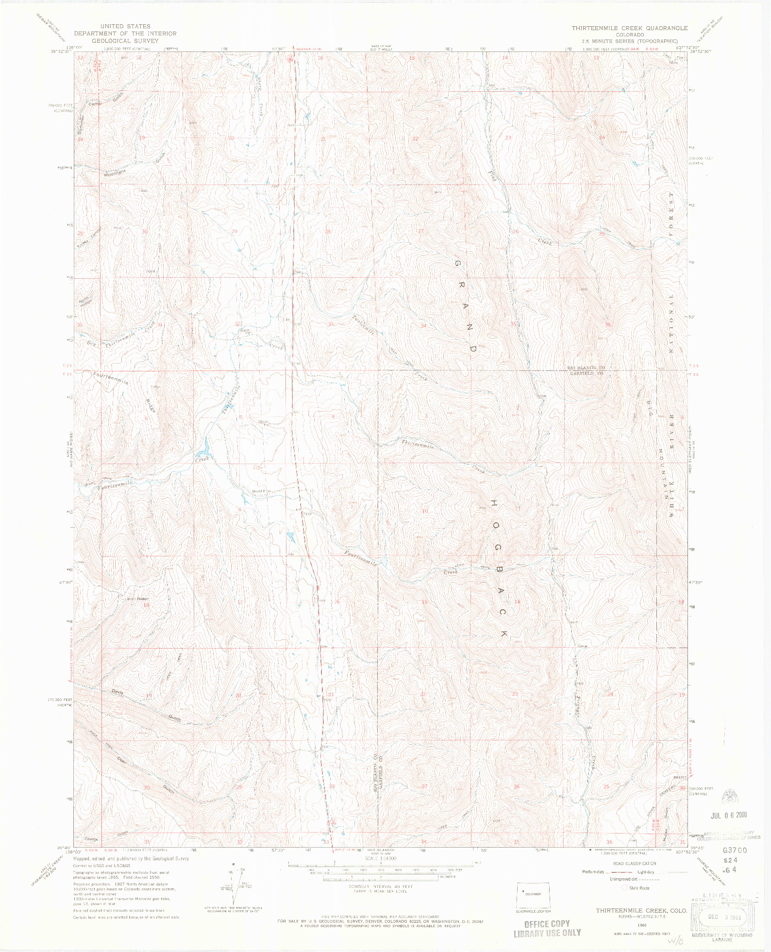 USGS 1:24000-SCALE QUADRANGLE FOR THIRTEENMILE CREEK, CO 1966