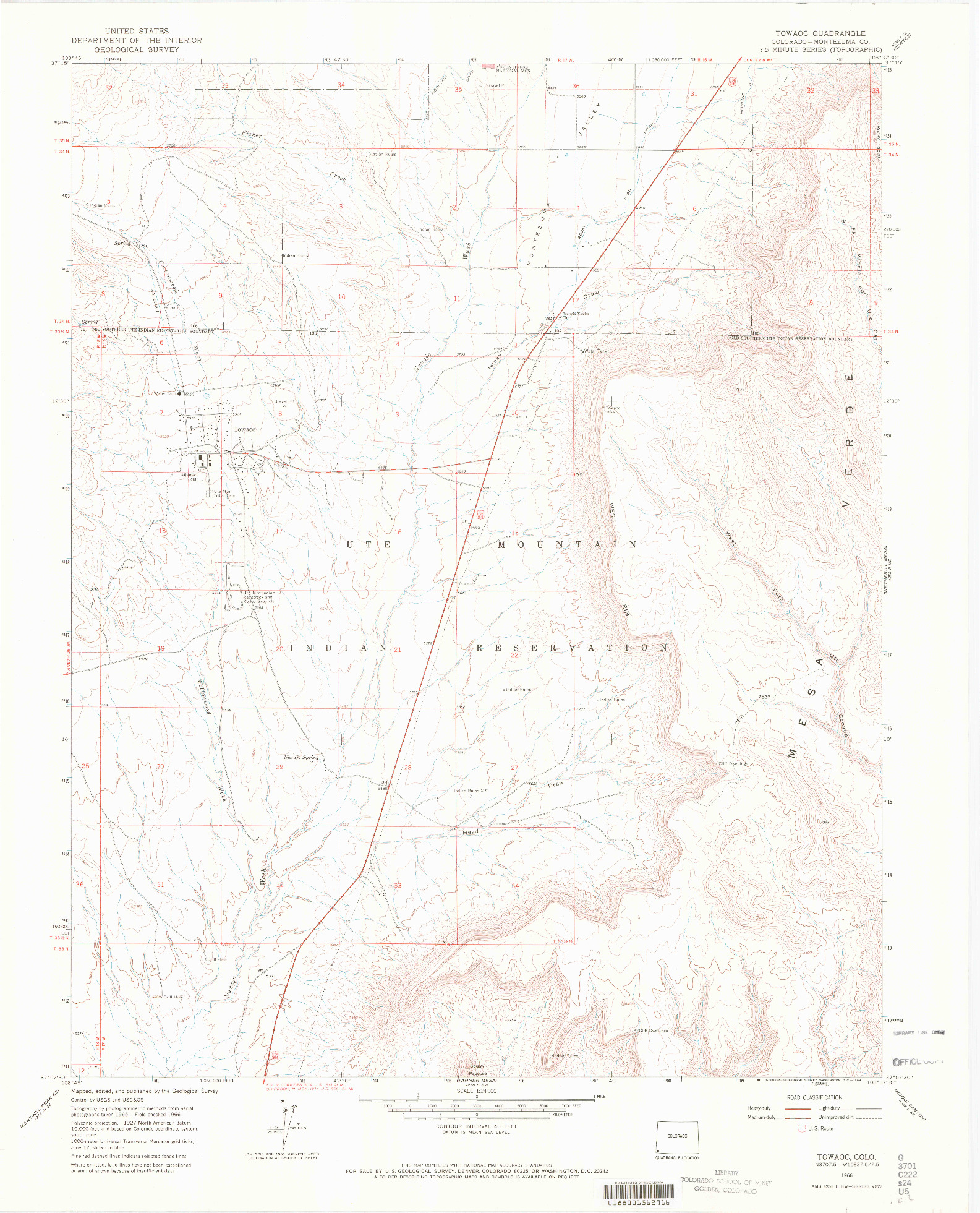 USGS 1:24000-SCALE QUADRANGLE FOR TOWAOC, CO 1966