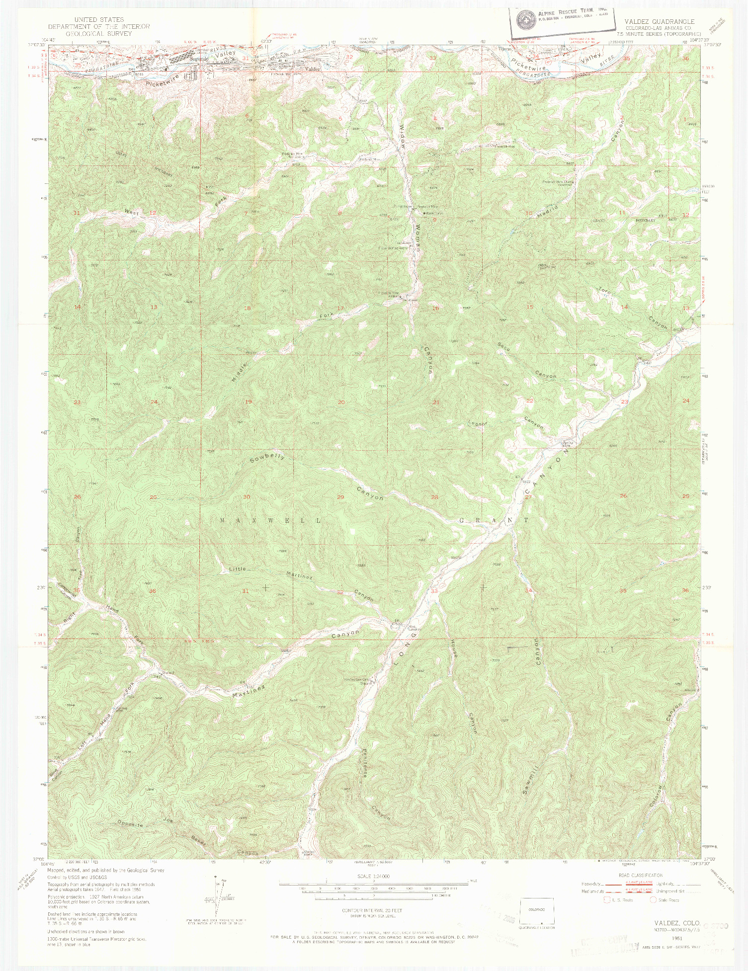 USGS 1:24000-SCALE QUADRANGLE FOR VALDEZ, CO 1951