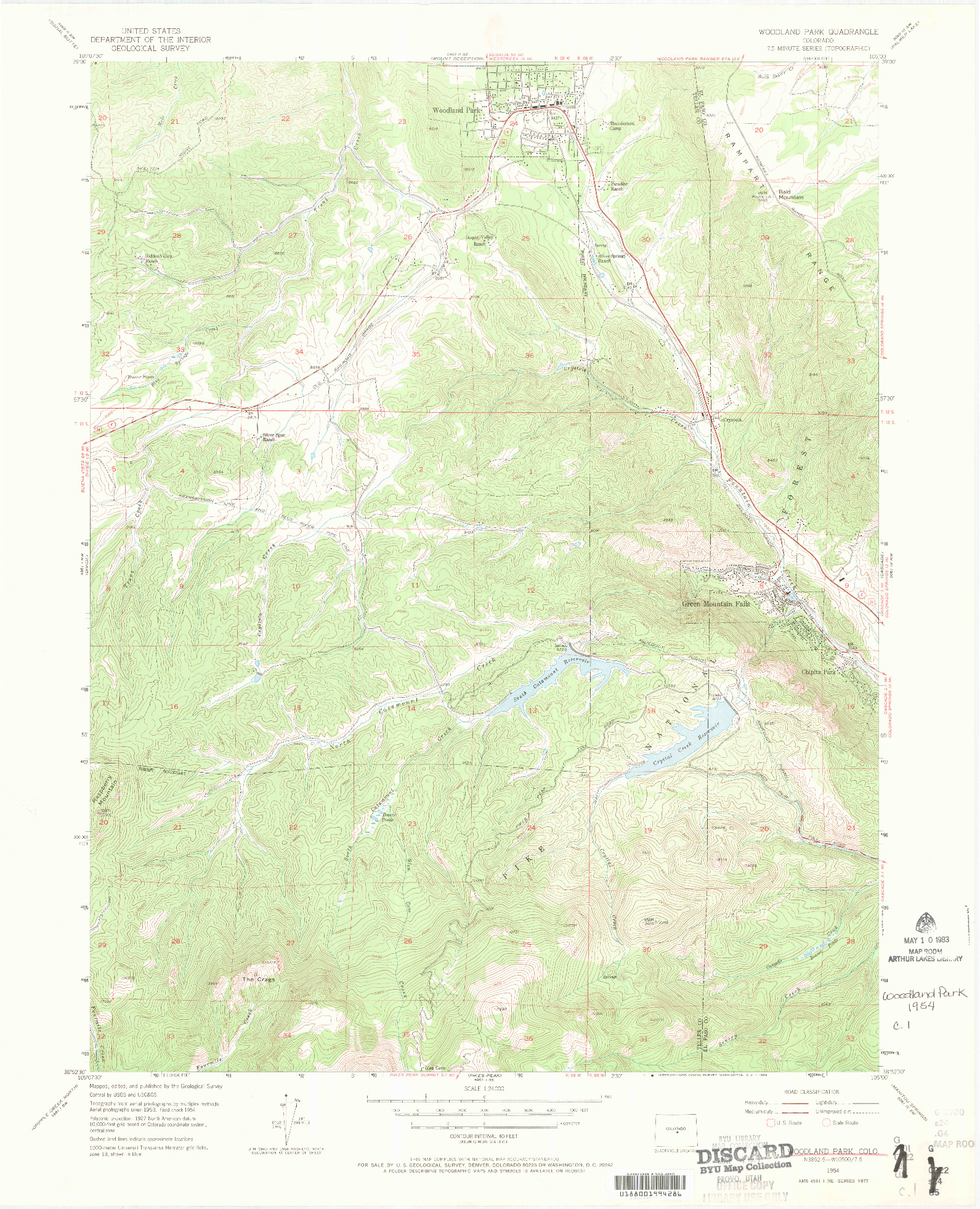 USGS 1:24000-SCALE QUADRANGLE FOR WOODLAND PARK, CO 1954