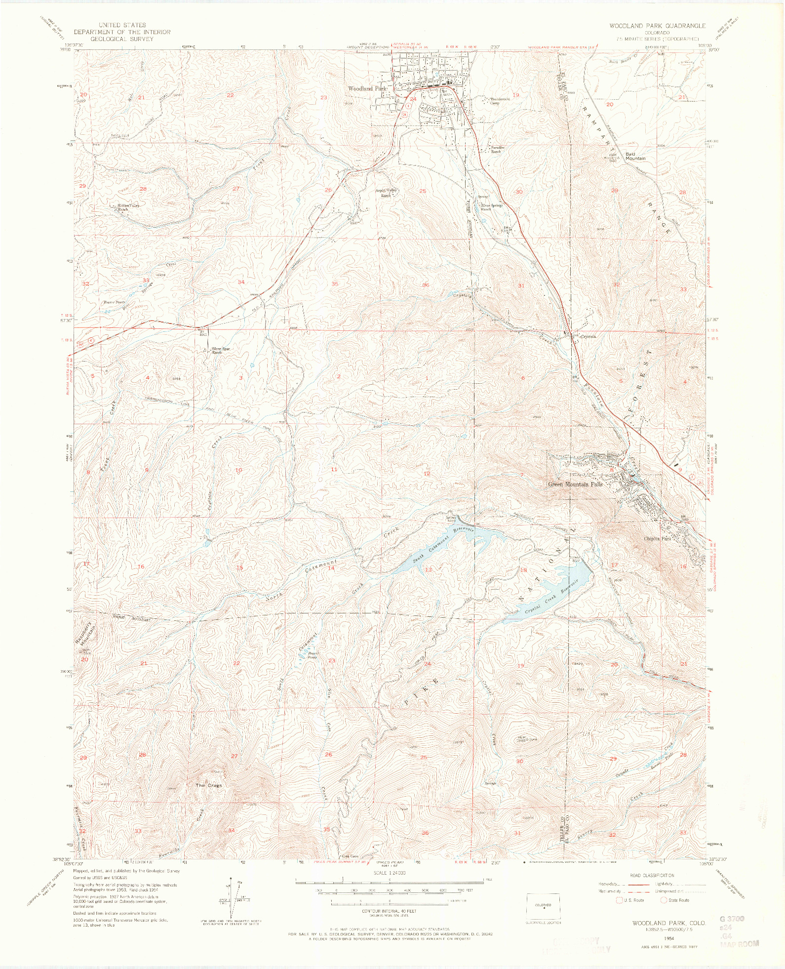 USGS 1:24000-SCALE QUADRANGLE FOR WOODLAND PARK, CO 1954
