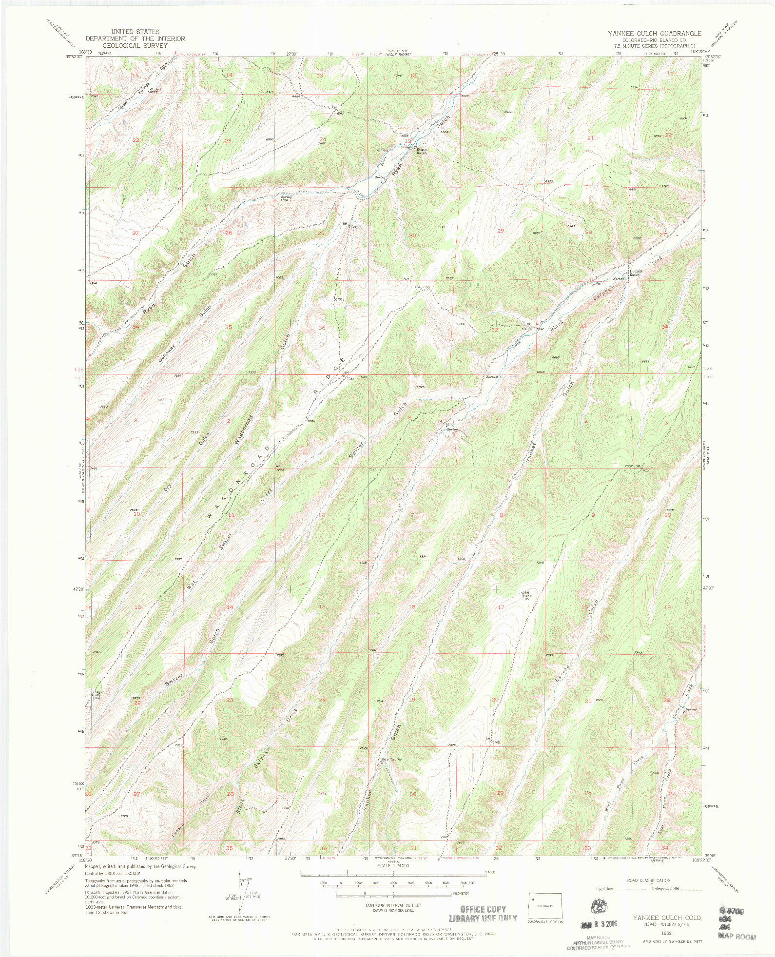 USGS 1:24000-SCALE QUADRANGLE FOR YANKEE GULCH, CO 1952