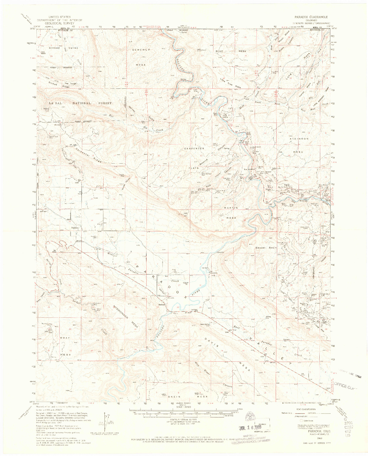 USGS 1:62500-SCALE QUADRANGLE FOR PARADOX, CO 1960