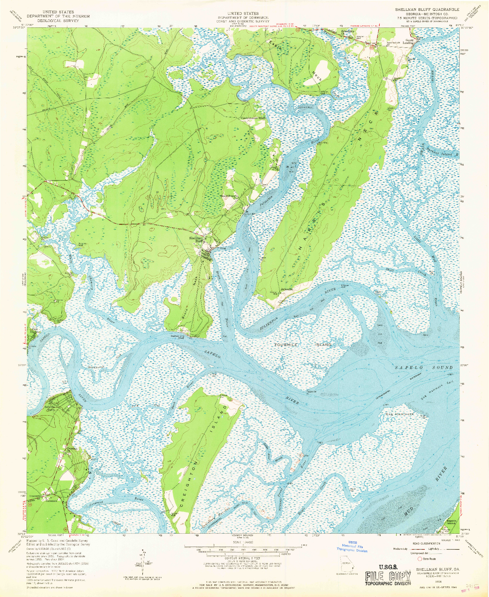 USGS 1:24000-SCALE QUADRANGLE FOR SHELLMAN BLUFF, GA 1954