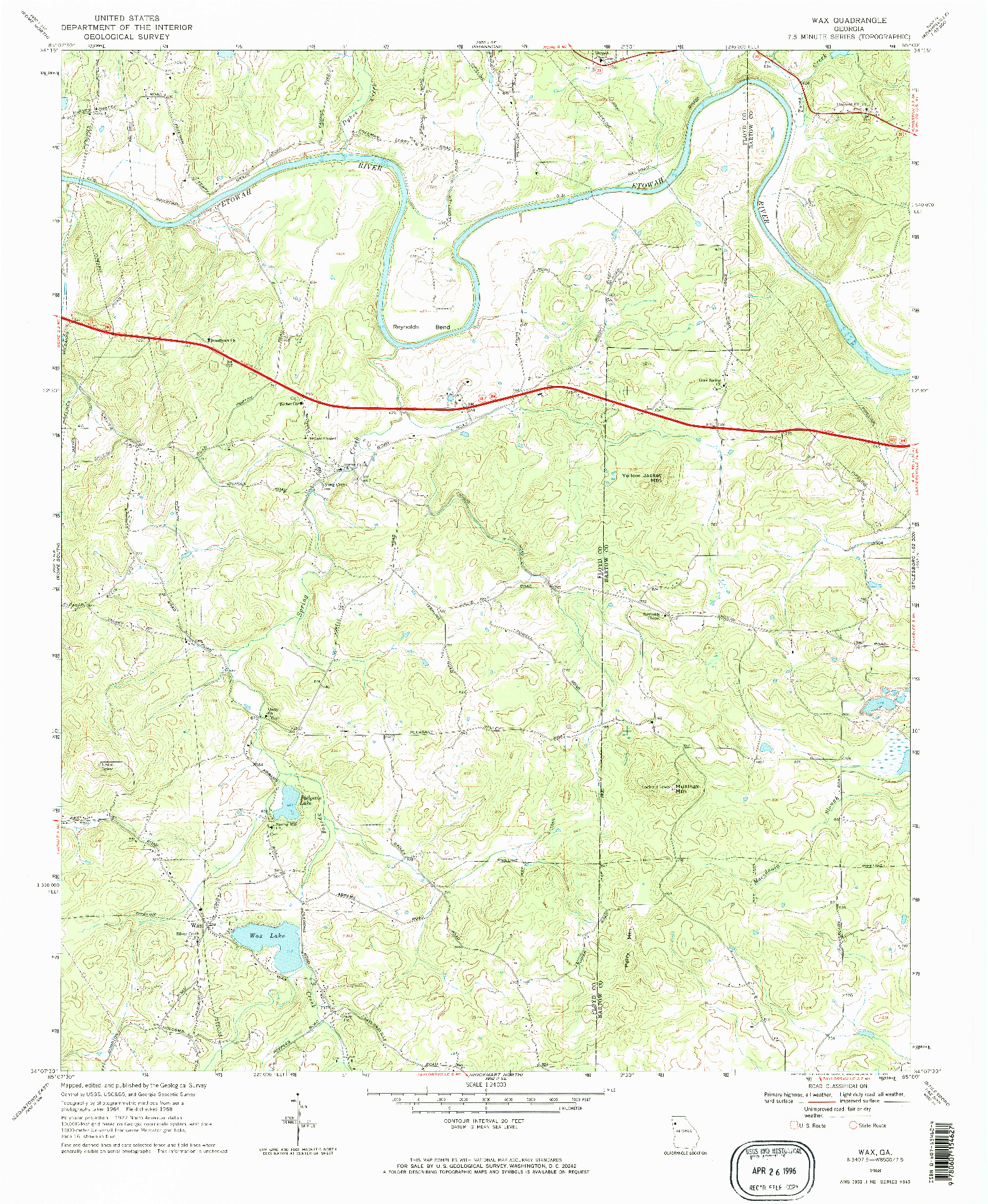 USGS 1:24000-SCALE QUADRANGLE FOR WAX, GA 1968